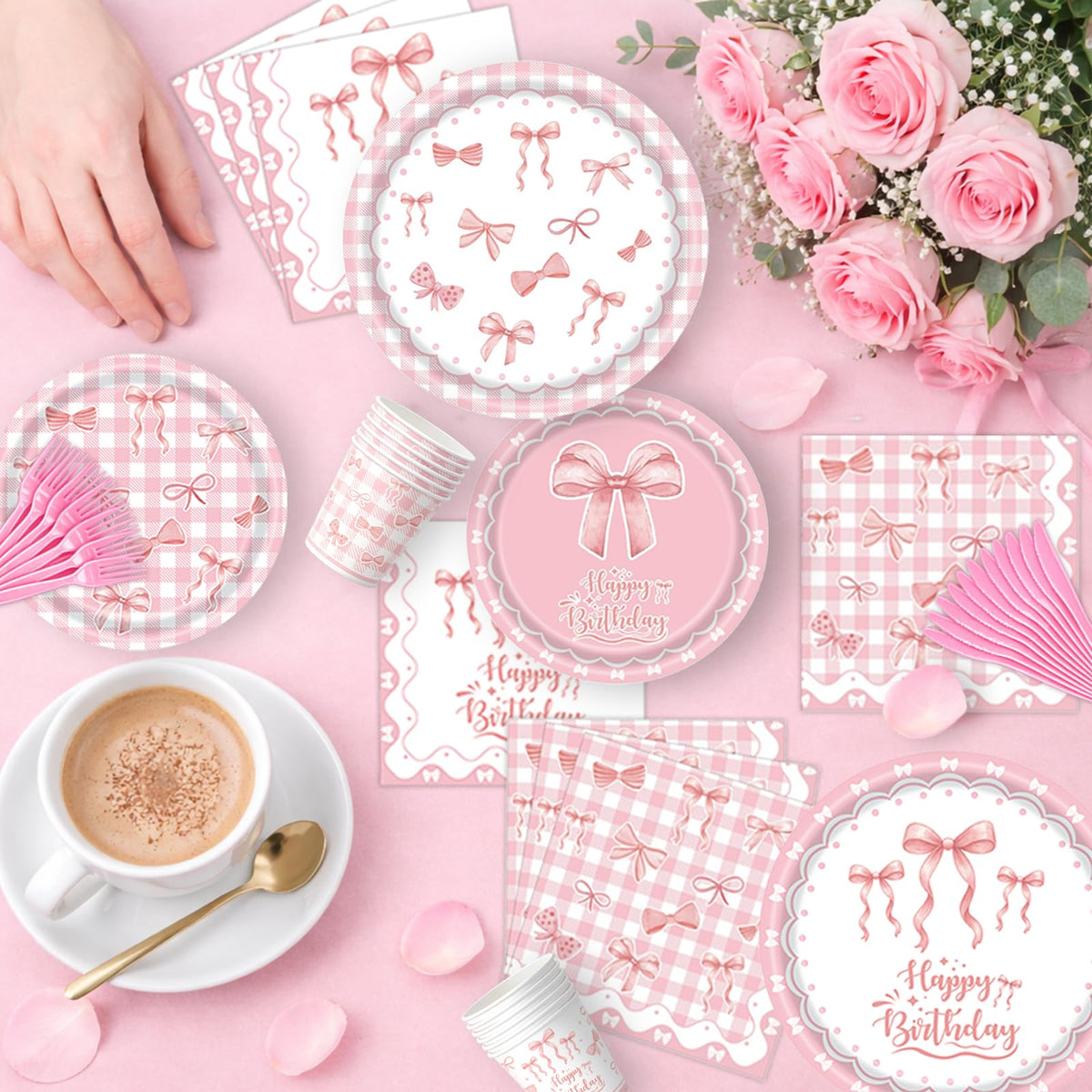 219Pcs Pink Bow Birthday Decorations Coquette Tableware Set - UBGKCJSJ Official Imagery - 3