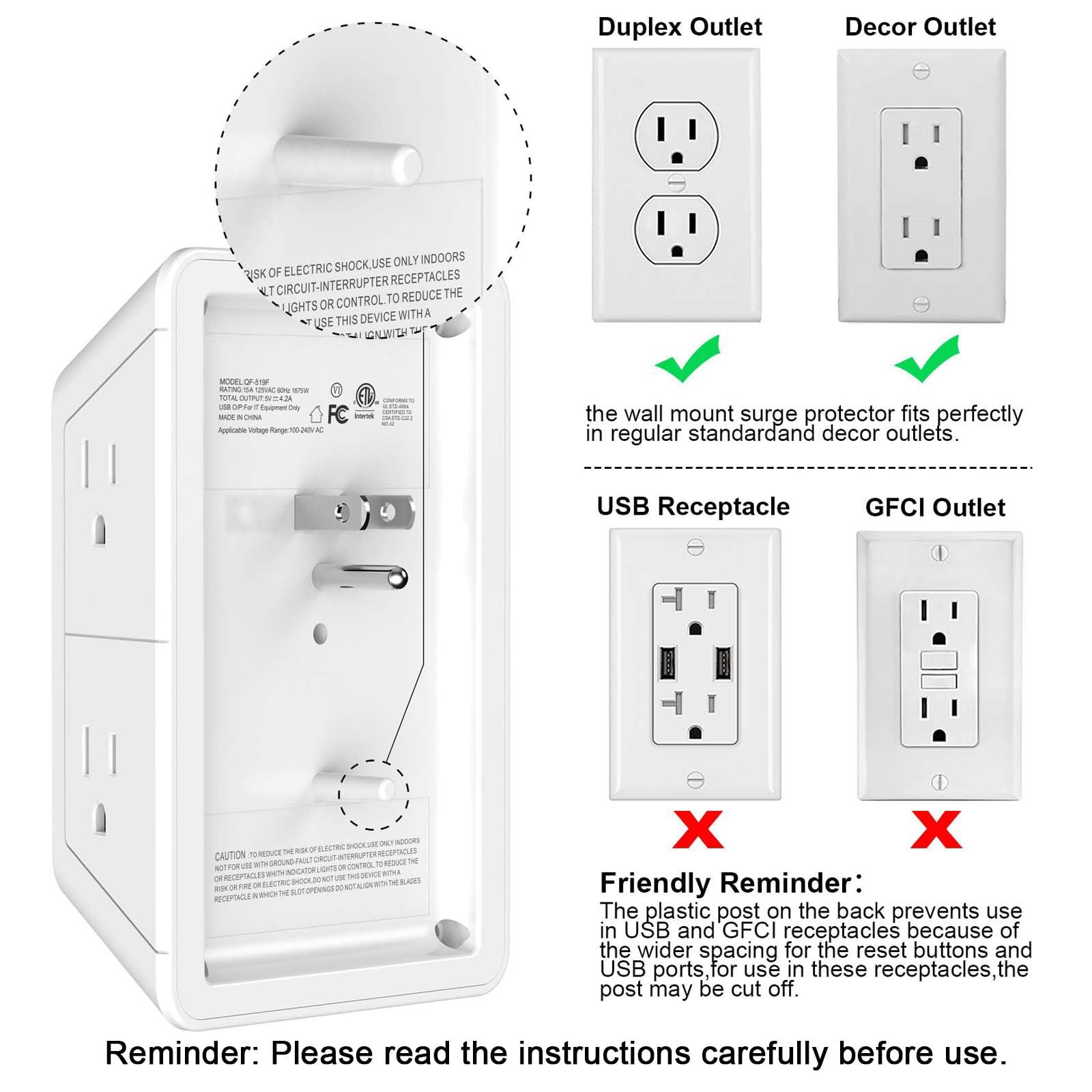 Lvetek 5 Outlet Extender Multi Plug Wall Outlets with 4 USB Charg by Lvetek - Angle View 6