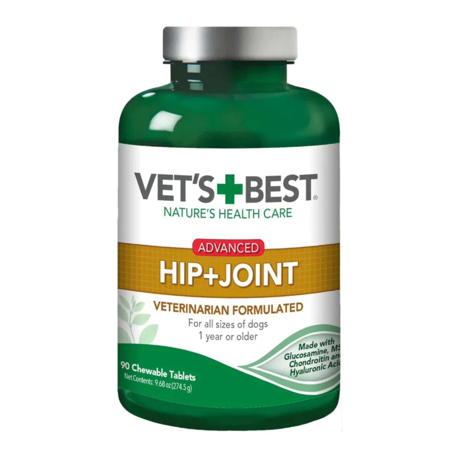 Vet's Best Advanced Hip and Joint Dog Supplements with glucosamine, showing the supplement bottle and label.