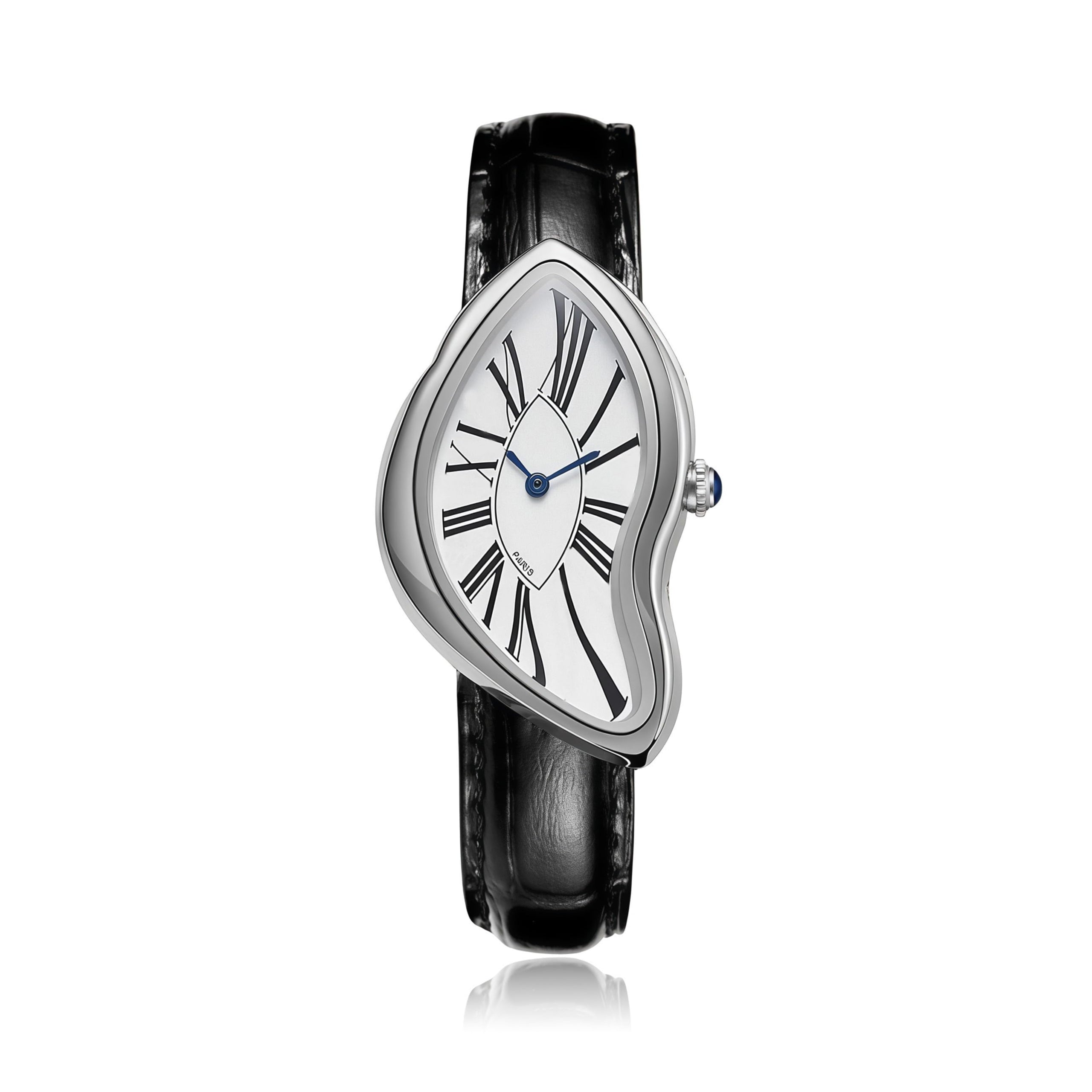 A heart-shaped analog watch with a polished silver-tone case, white dial with black Roman numerals, blue hands, and a black leather strap.