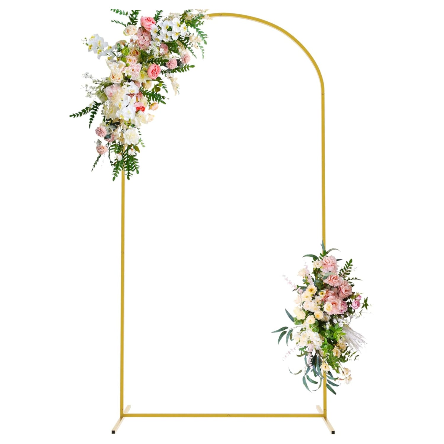 Gold metal wedding arch backdrop stand from Wokceer, 7.2 feet tall, used for wedding decorations and photo backdrops.