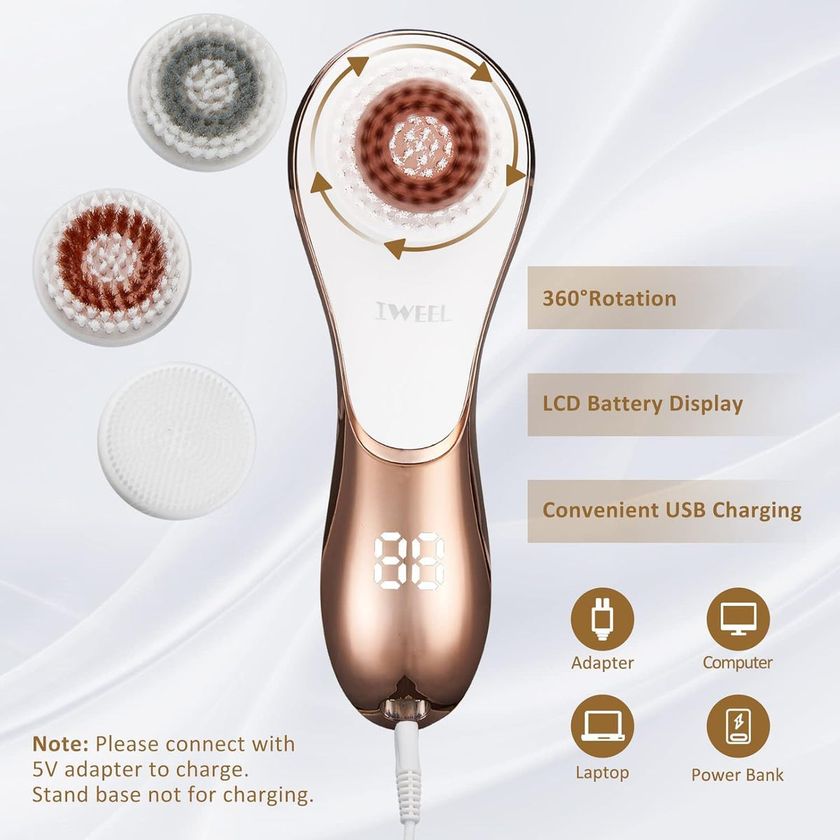 Facial Cleansing Brush Electric Face Scrubber with 4 Brush - IWEEL Official Imagery - 6