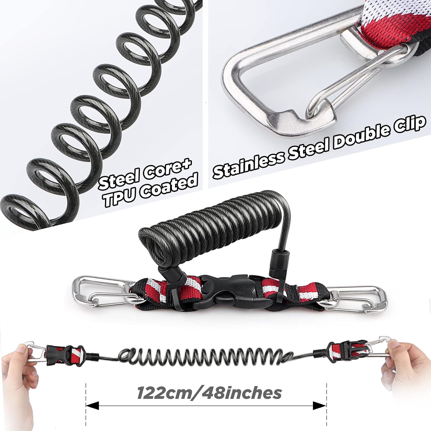 Stainless steel scuba retractable lanyard with double clips and spiral core by OVOVFANY, designed for secure underwater gear attachment.