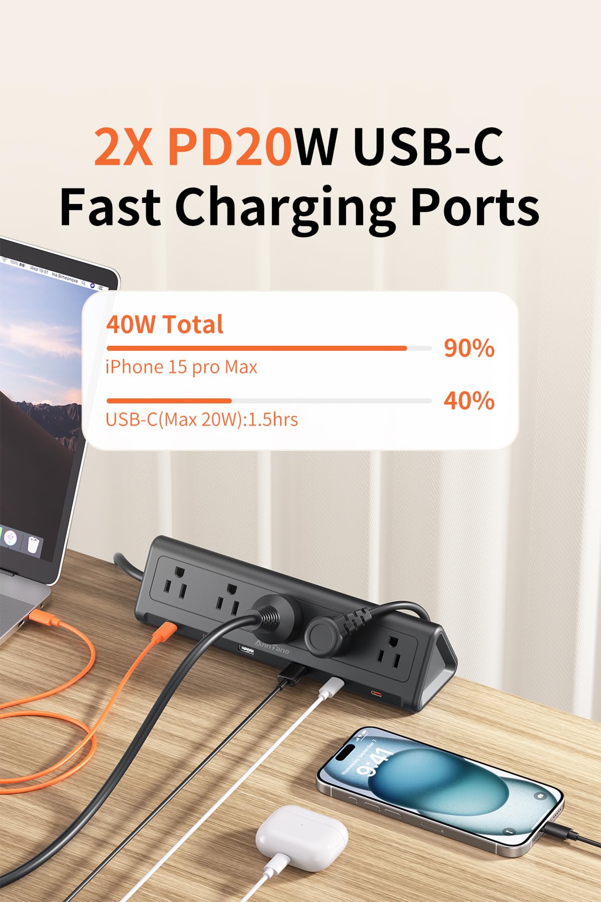 Desk Clamp Power Strip USBC 40W Fast Charging 10 Ft Black - AnnTane Official Imagery - 4
