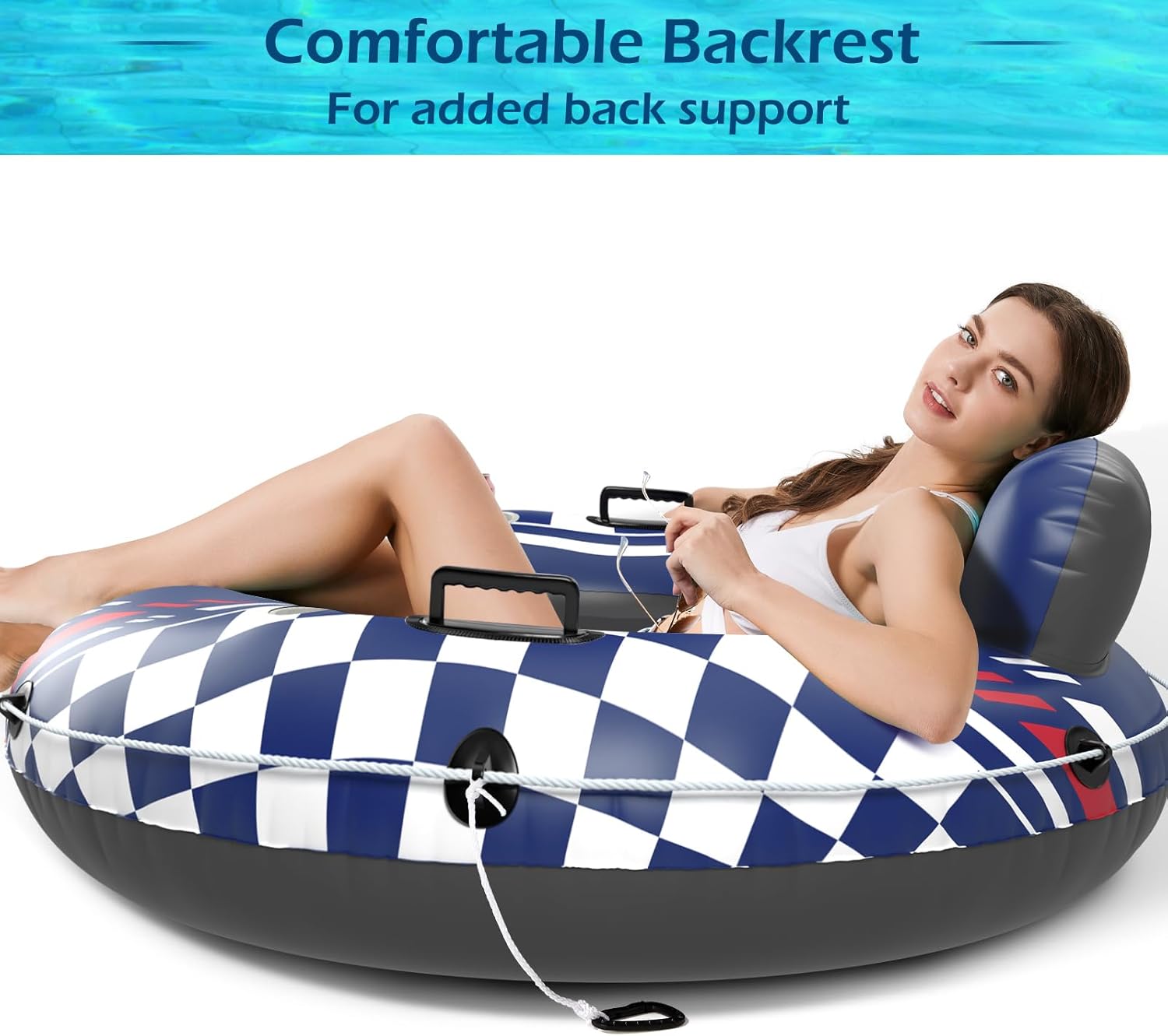 Jasonwell inflatable river tube float showing a durable, heavy-duty pool float with a bright orange and blue design for river or pool use.