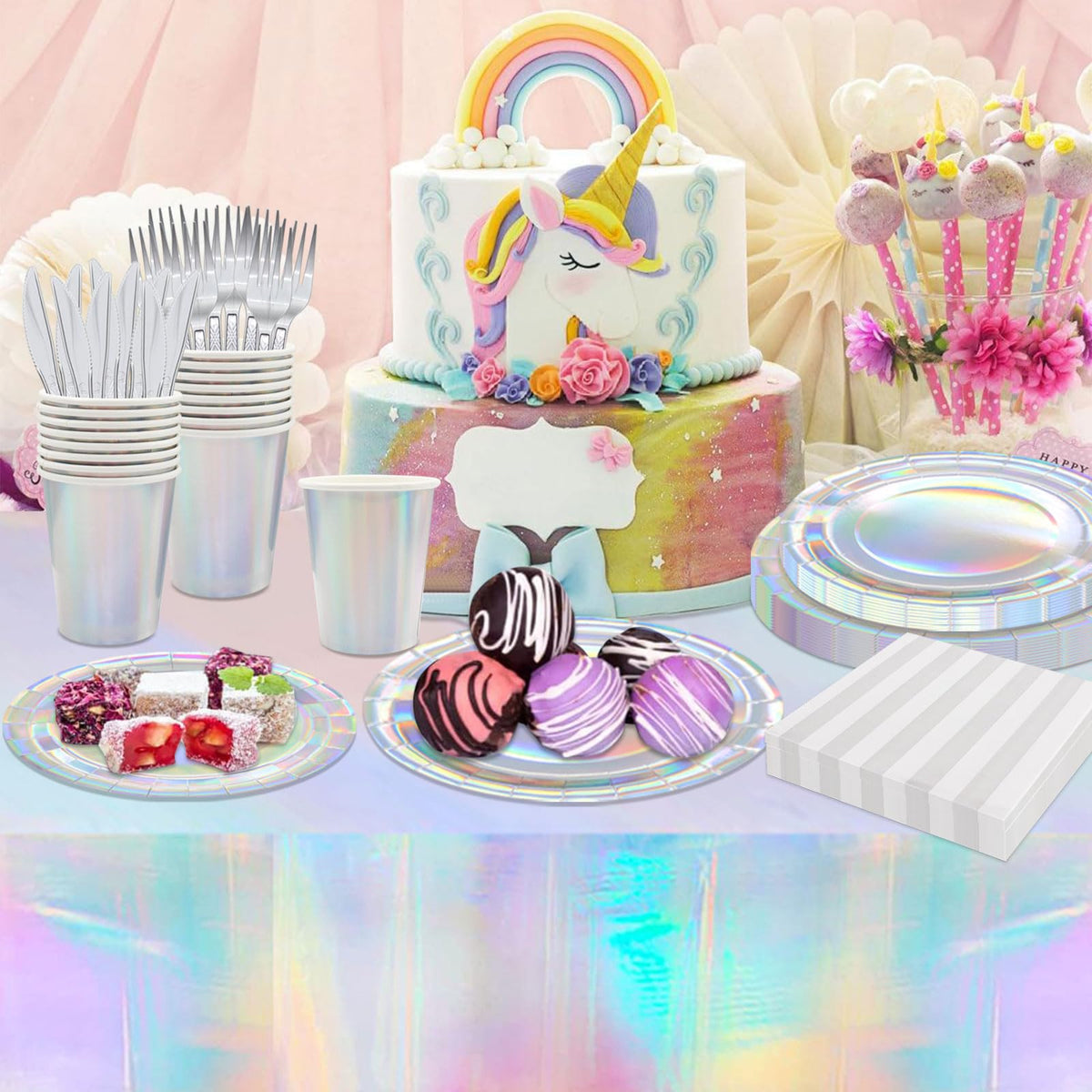 146pcs Iridescent Party Supplies Iridescent Party Tableware - Poqirzan Official Imagery - 4