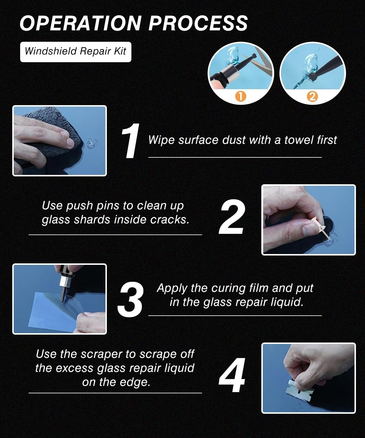 FTSJVE windshield repair kit for chips and cracks, includes tools and resin for quick windshield chip and crack repairs.