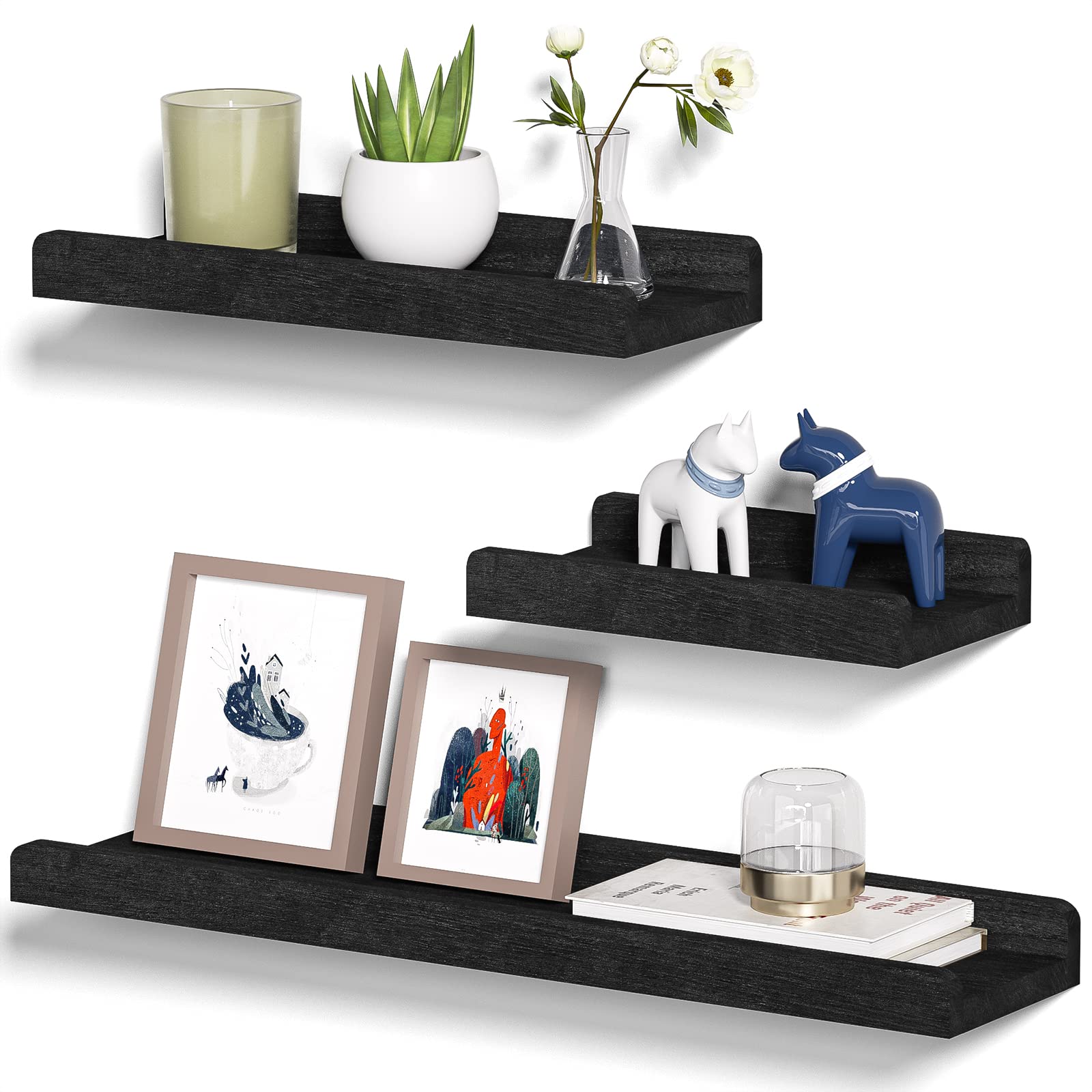 Black Floating Shelves Wall Mounted Set of 3, 23.6 Inch Rustic - Product Imagery