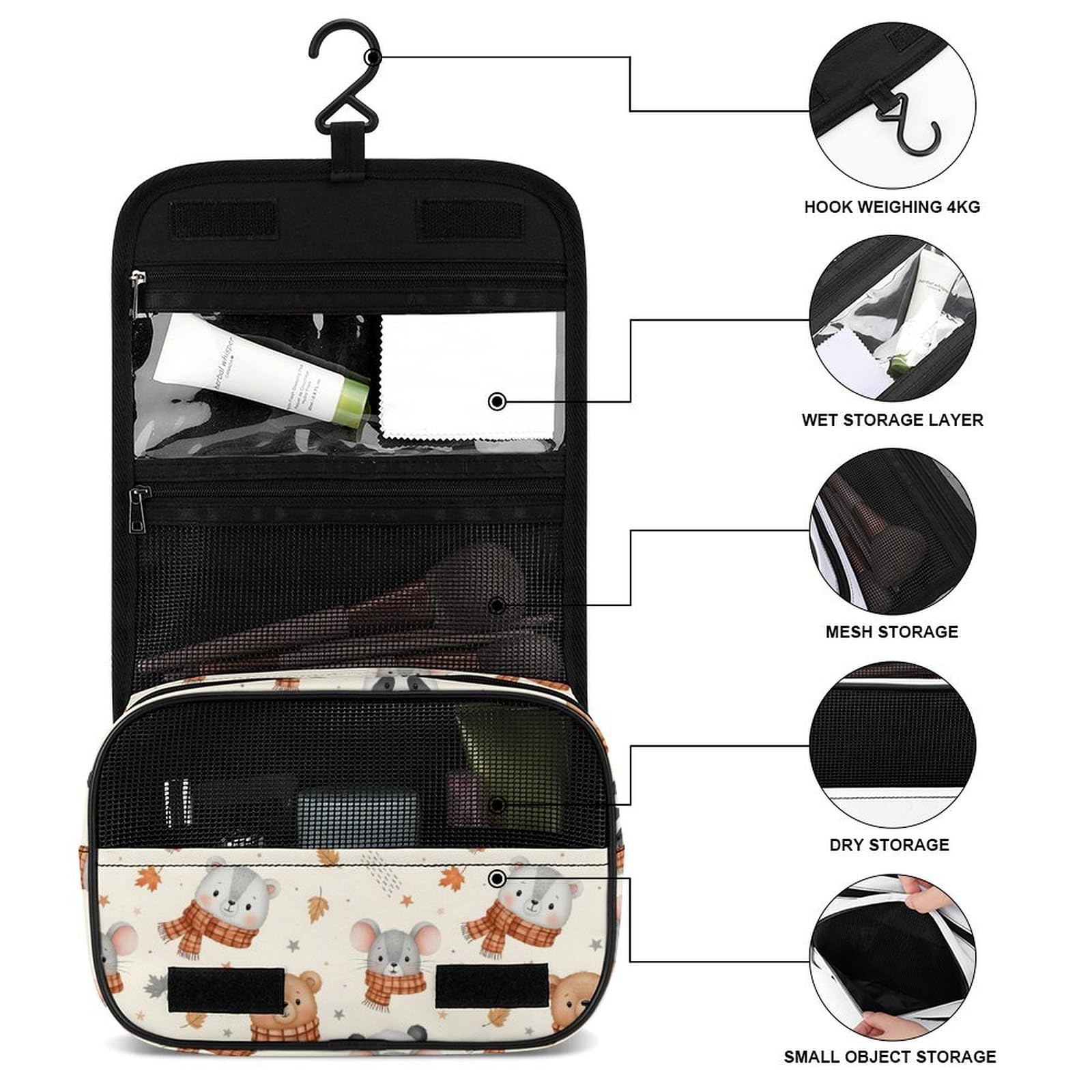 LSBJBBHDCB cute cartoon panda makeup bag with scarf, hanging toiletry organizer, sturdy hook for travel and cosmetics storage
