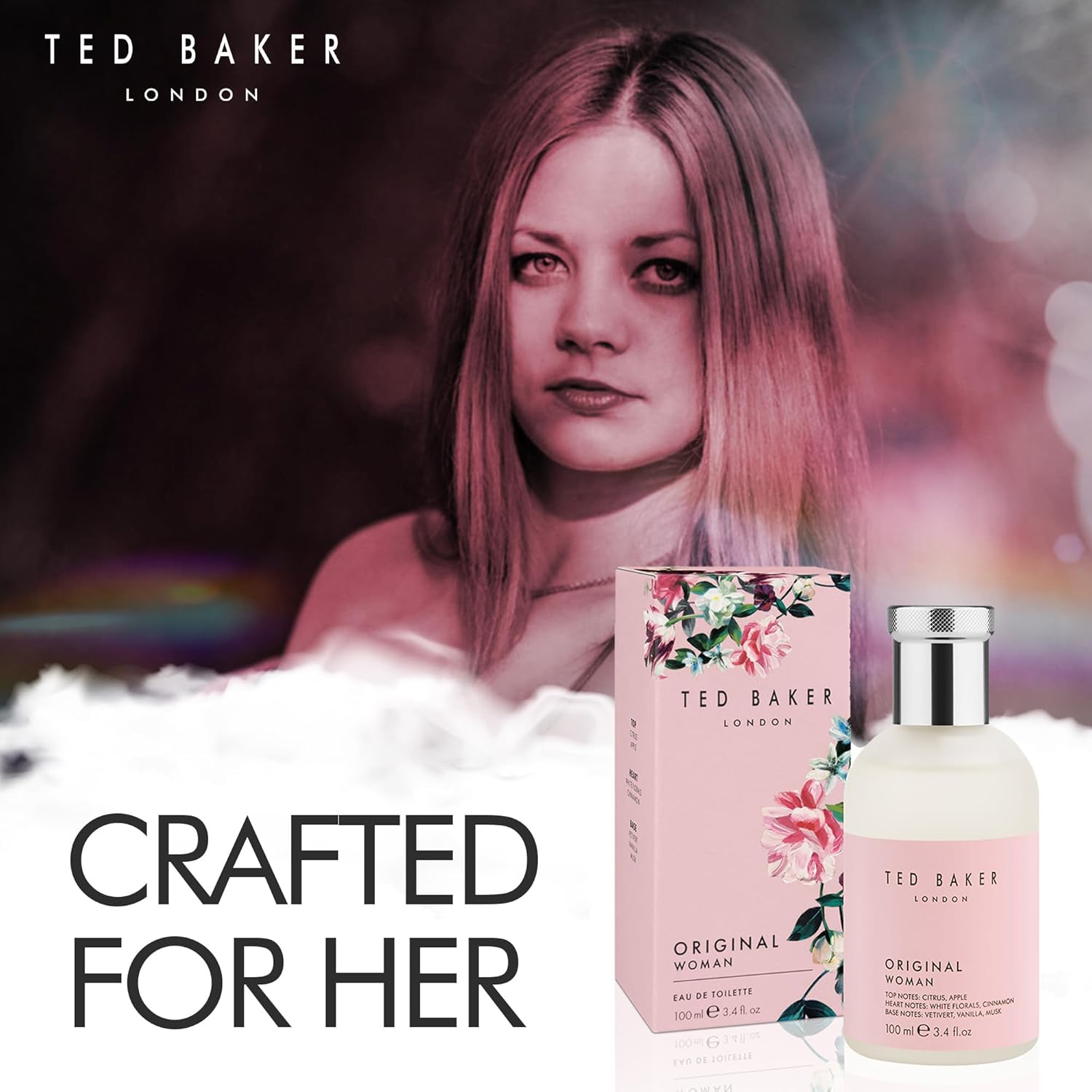 Ted Baker pink floral and fruity Eau de Toilette for women with peach and bergamot, featuring a sleek perfume bottle.