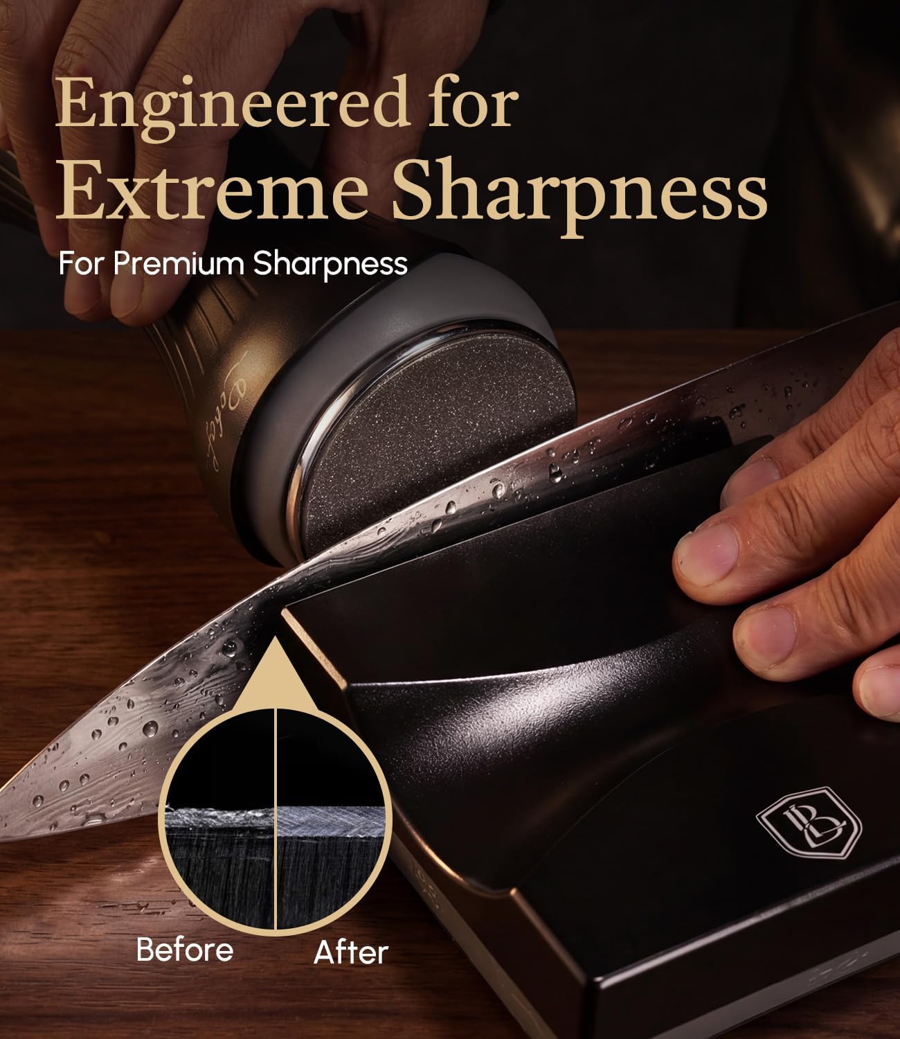 Lebof rolling knife sharpener with diamond disc, magnetic base, and four sharpening stages for precise kitchen knife honing.
