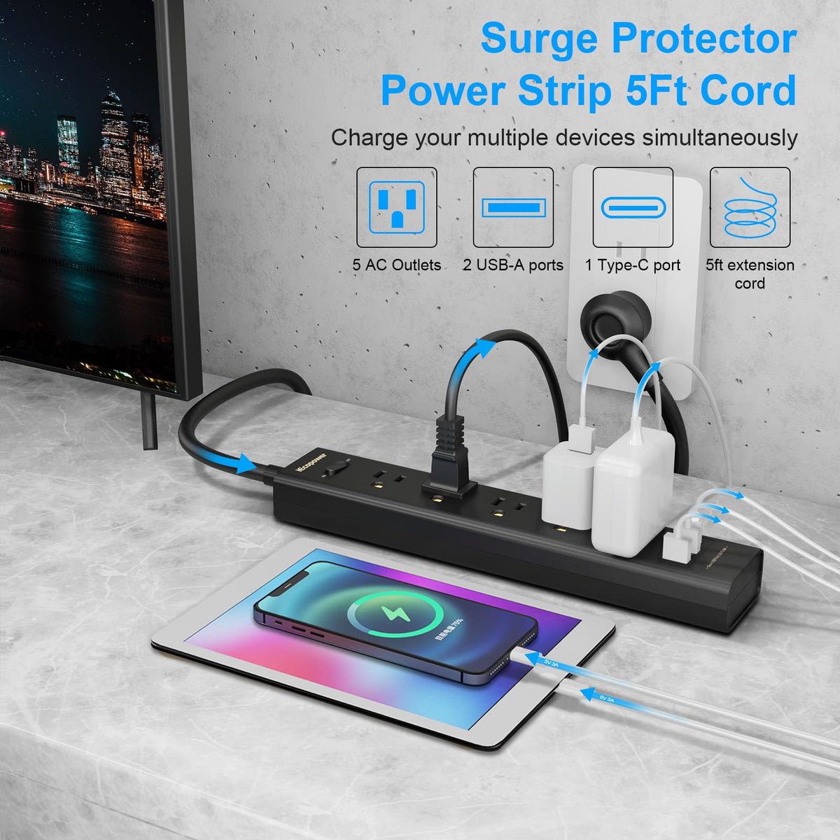 2 Pack Power Strip Surge Protector 5 Widely Spaced Outlets 3 - IECOPOWER Official Imagery - 3