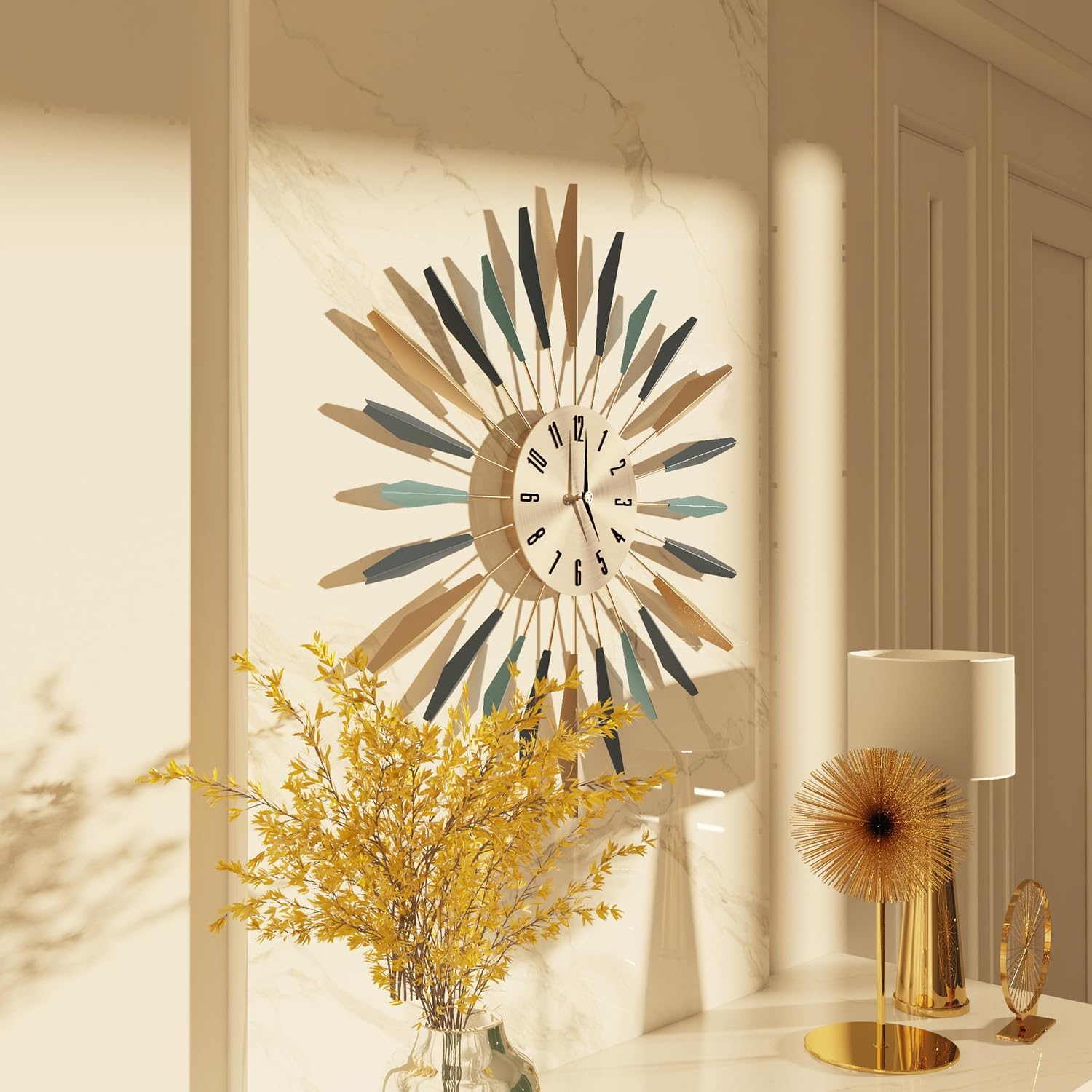 Large YISITEONE metal wall clock with a mid-century style, silent non-ticking mechanism, decorative design, and bold black numerals.