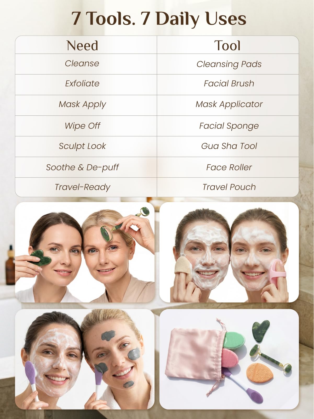 Rena Chris 7-in-1 facial skin care tools set with gua sha face roller and various massage stones for skincare routines.