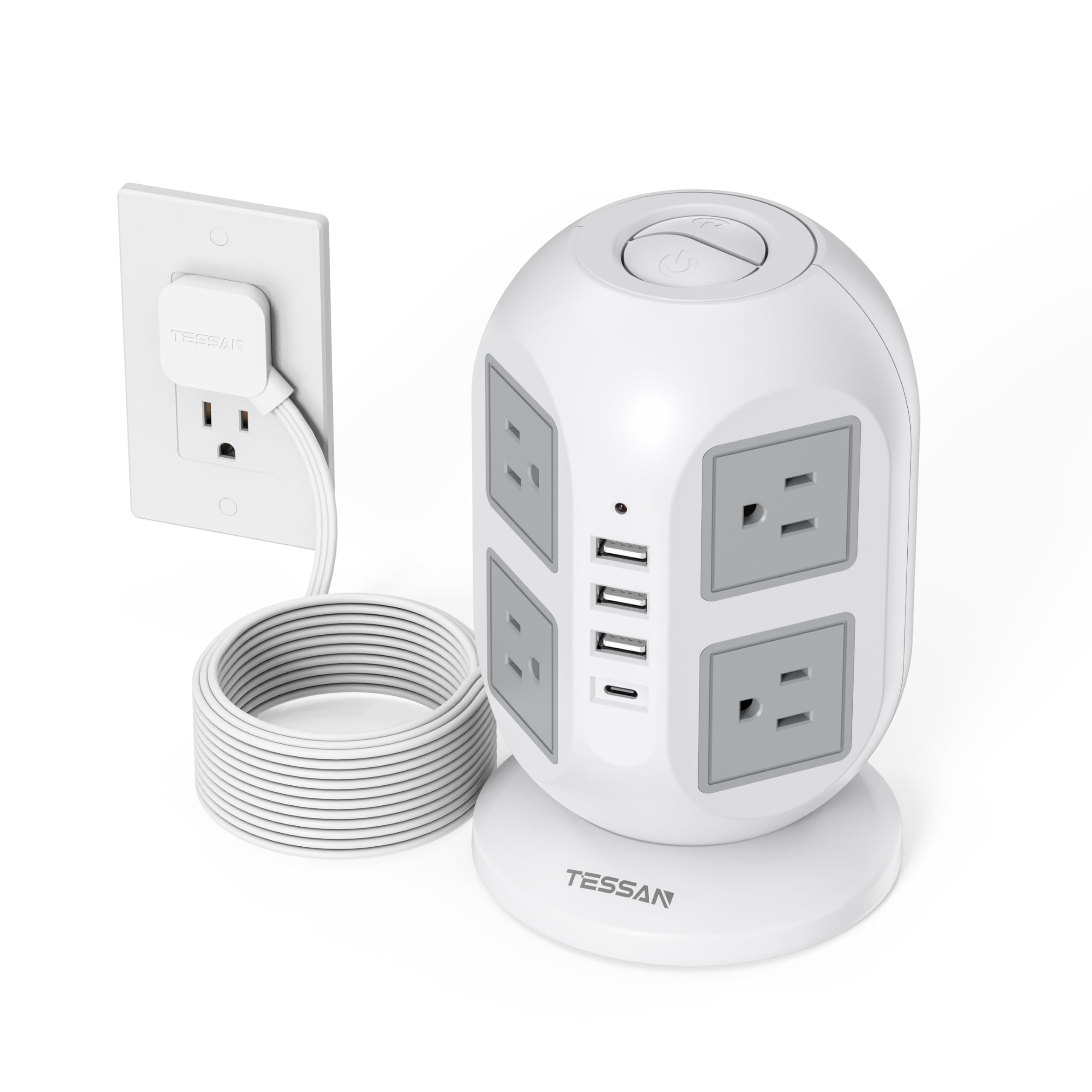 TESSAN tower surge protector power strip with 10 ft flat extension cord and multiple outlets for electronic devices.