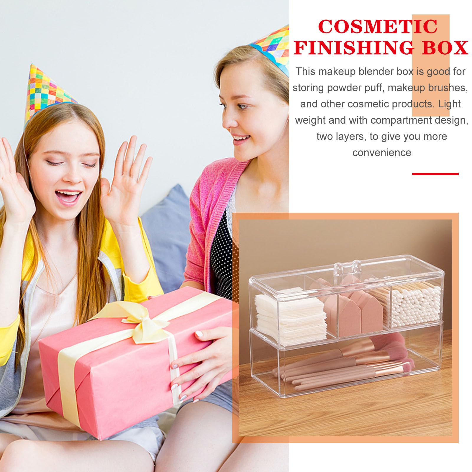 MAGICLULU 2-layer acrylic makeup puff and sponge organizer caddy with clear compartments for storing beauty tools.