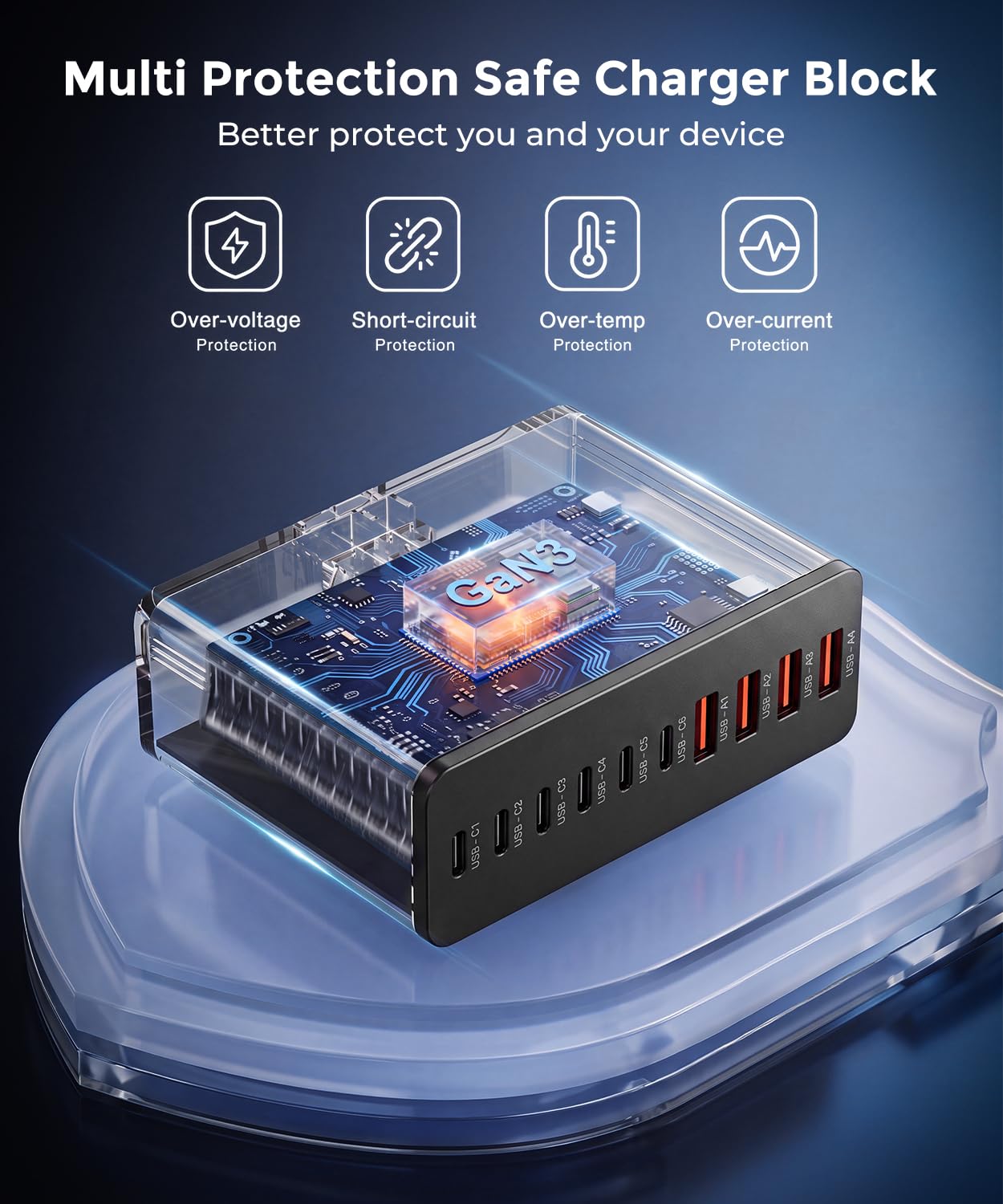 Roruite USB C Charging Station 10 Port with 4 Cables,245W GaN Cha by Roruite - Angle View 3