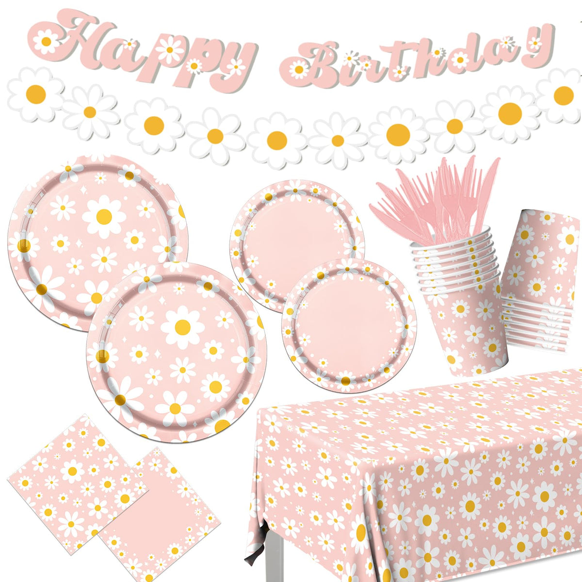 142PCS Daisy Birthday Party Tableware Set Pink Groovy Daisy - Bezkega Official Imagery - 1