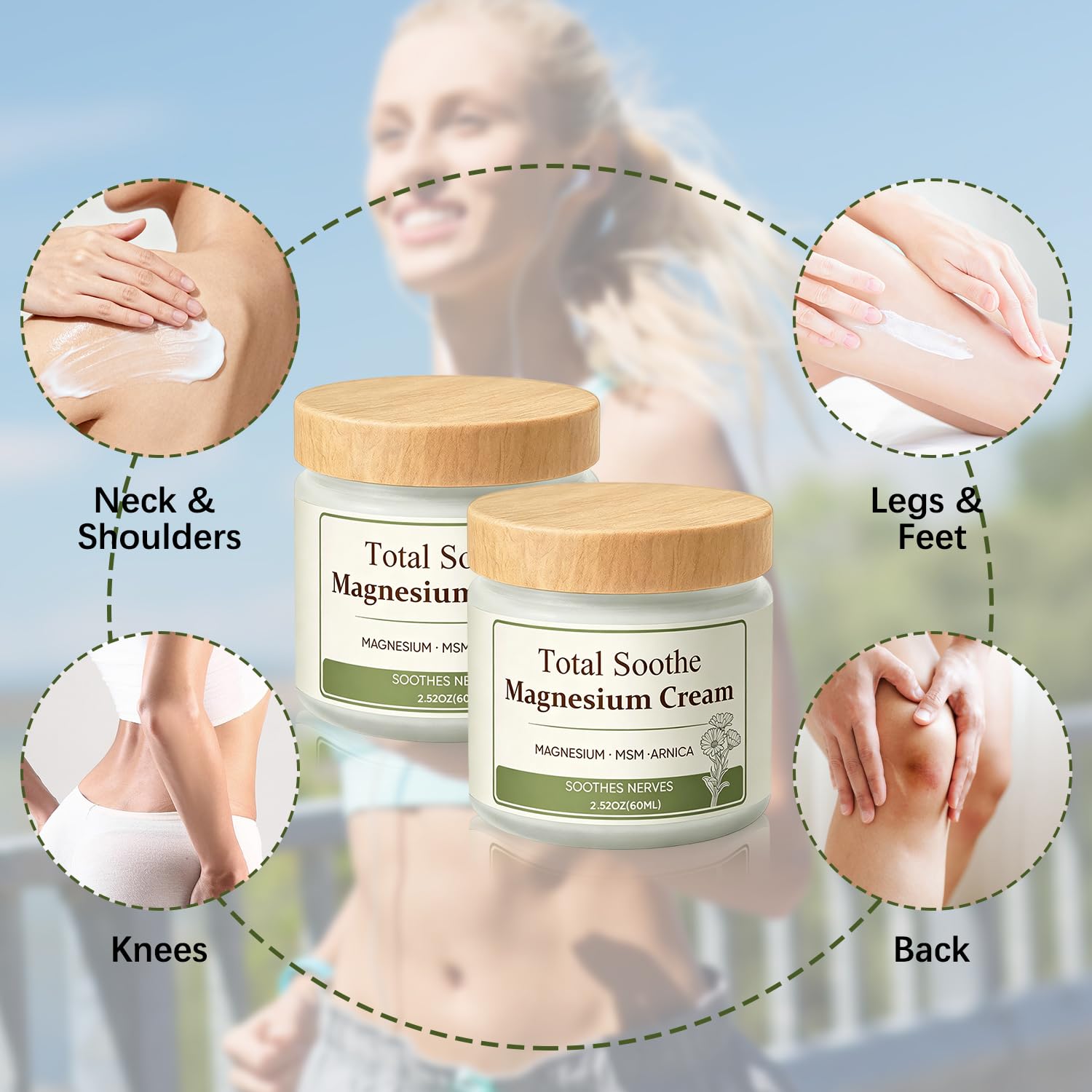 LHBmet Magnesium Cream with MSM and arnica in a 2-pack, skin moisturizer with soothing and nourishing ingredients.