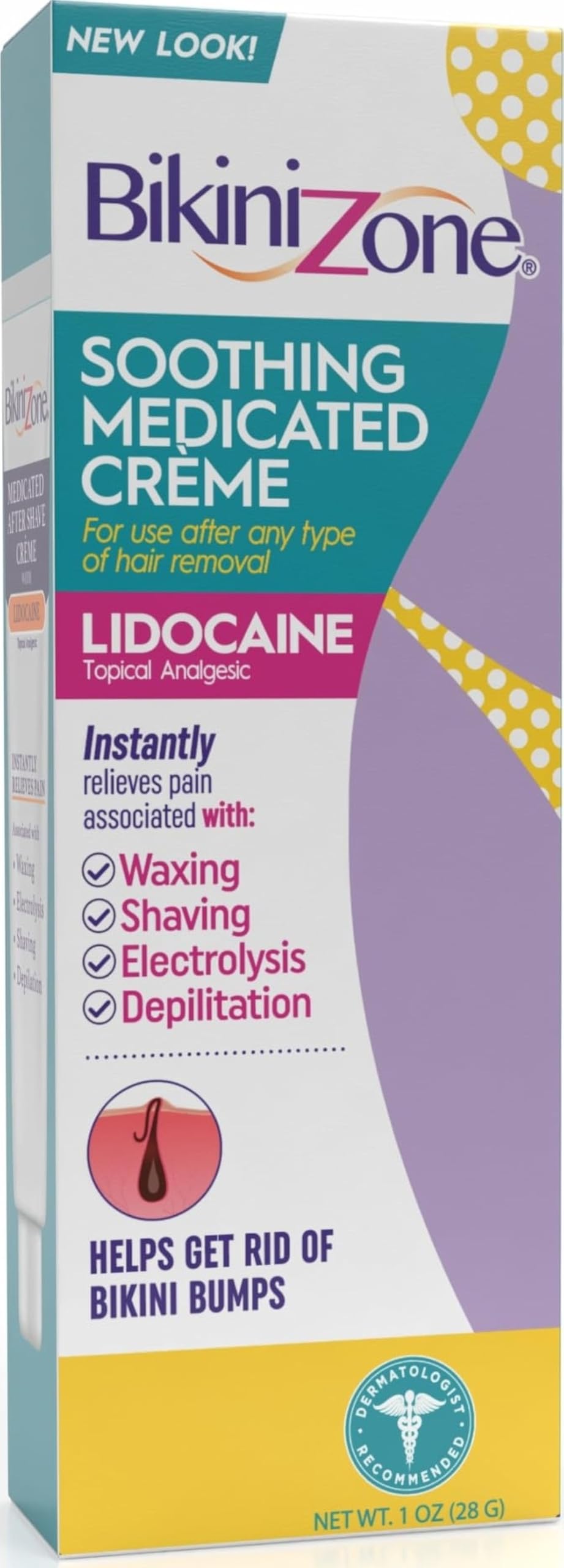 Bikini Zone after shave crème with 2% lidocaine in a 1 oz tube, soothing skin moisturizer for sensitive areas.