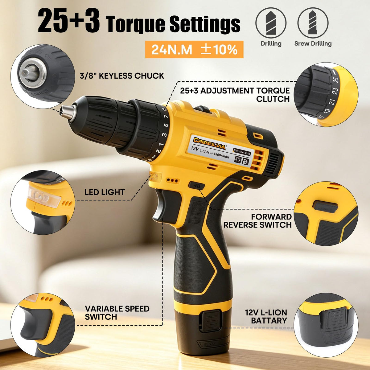 Drill Set Tool Kit for Home with 12V Cordless Power Drill - CRESOLVIA Official Imagery - 5