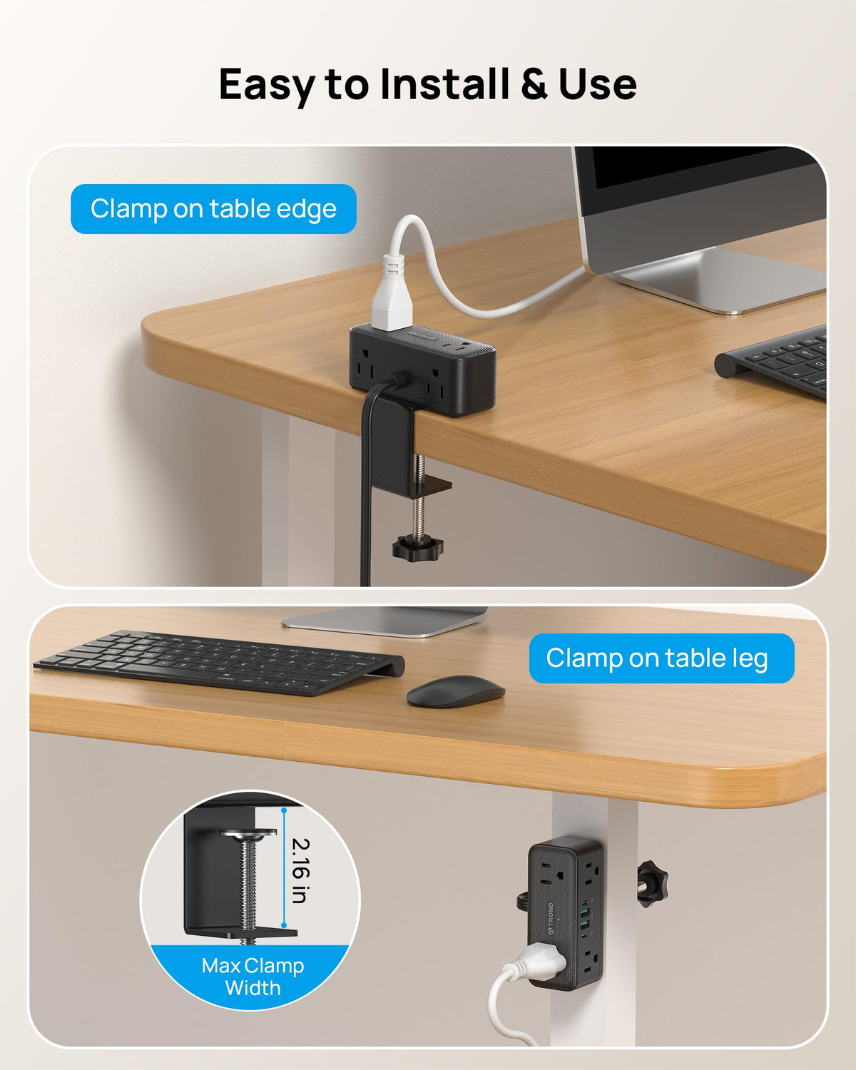 TROND Compact Desk Clamp Power Strip 5 ft Fit 2 16 Tabletop - TROND Official Imagery - 4