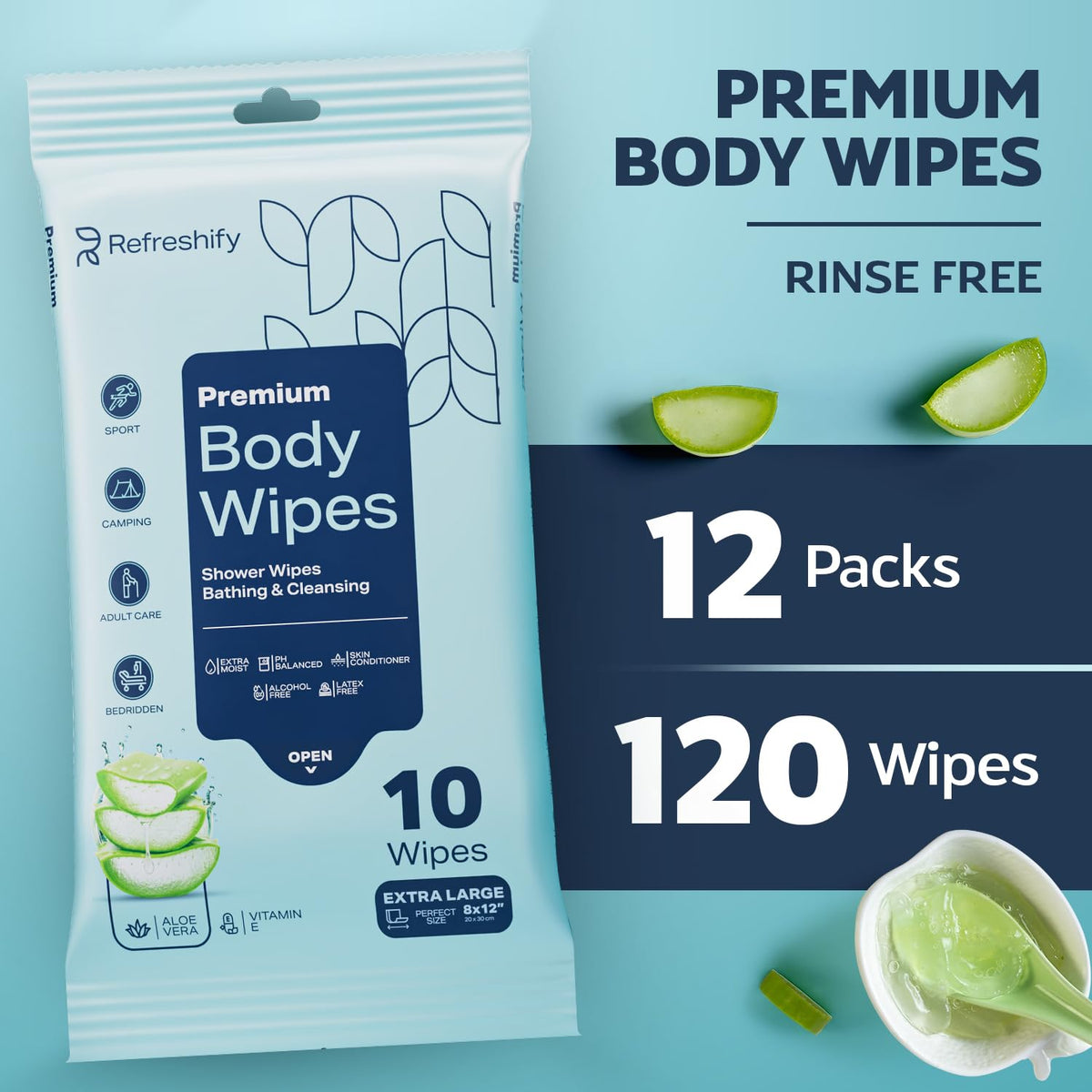 120 XL Shower Wipes Body Wipes for Adults Bathing No Rinse - REFRESHIFY Official Imagery - 8