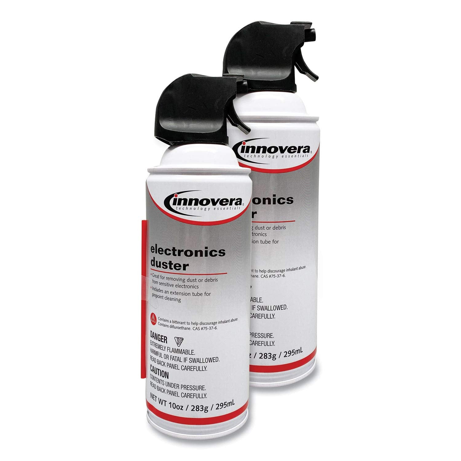 Innovera IVR10012 10 oz. canned air duster cleaner, two-pack, used for cleaning dust from electronics and delicate surfaces.