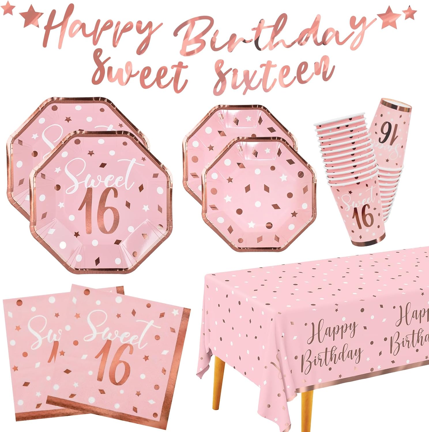 Rose gold birthday party supplies including disposable paper plates, napkins, cups, and tablecloth from Gatherfun.