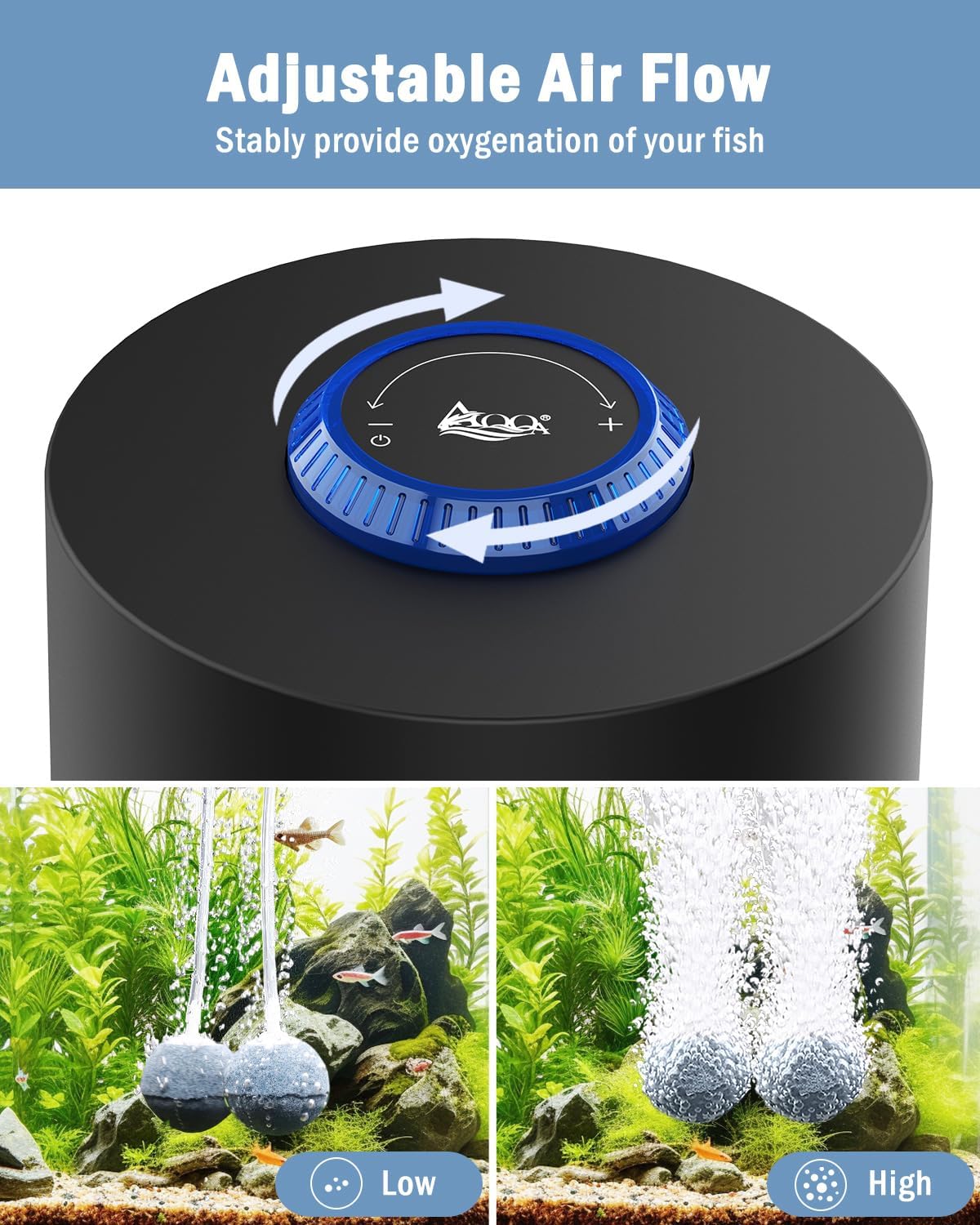 AQQA aquarium air pump, quiet and powerful 3W fish tank aerator with a compact tubby design, suitable for freshwater or saltwater tanks
