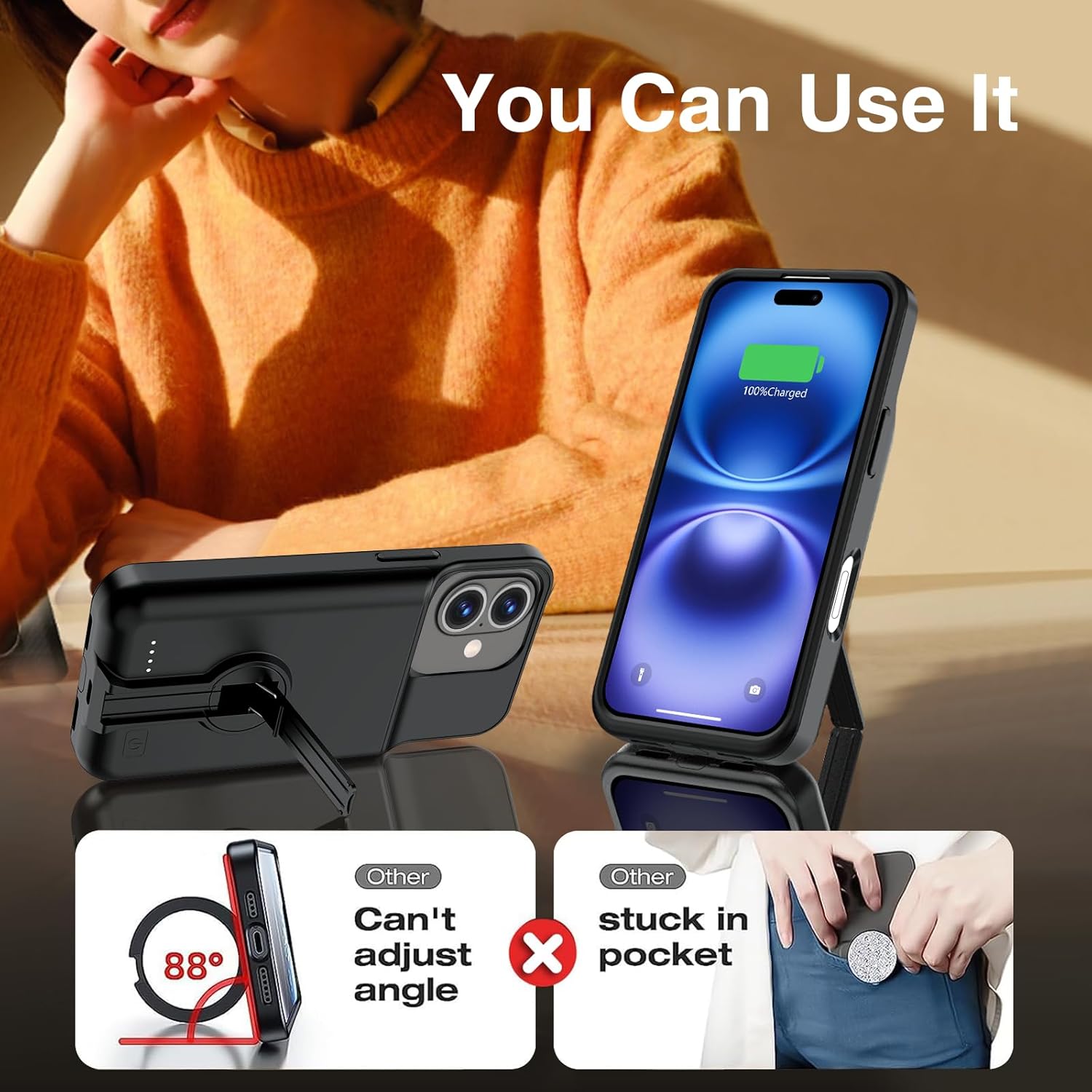 BOPPS iPhone 16 battery case with stand support and CarPlay compatibility, shown with the case attached to an iPhone.