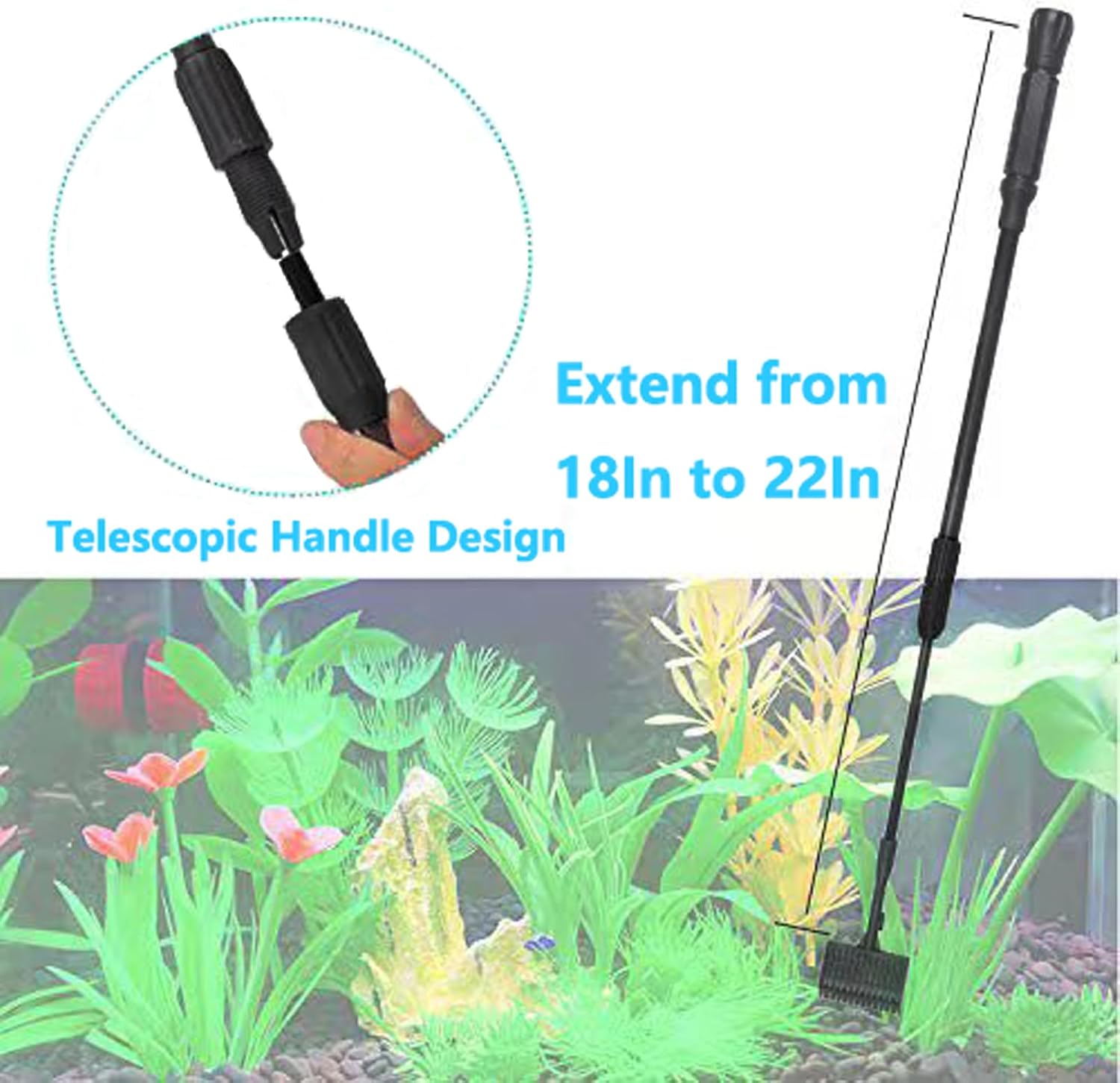 Carefree Fish 7-in-1 aquarium cleaning tools set with long handle, algae scraper, scrubbers, plant scissors, and tweezers for fish tanks
