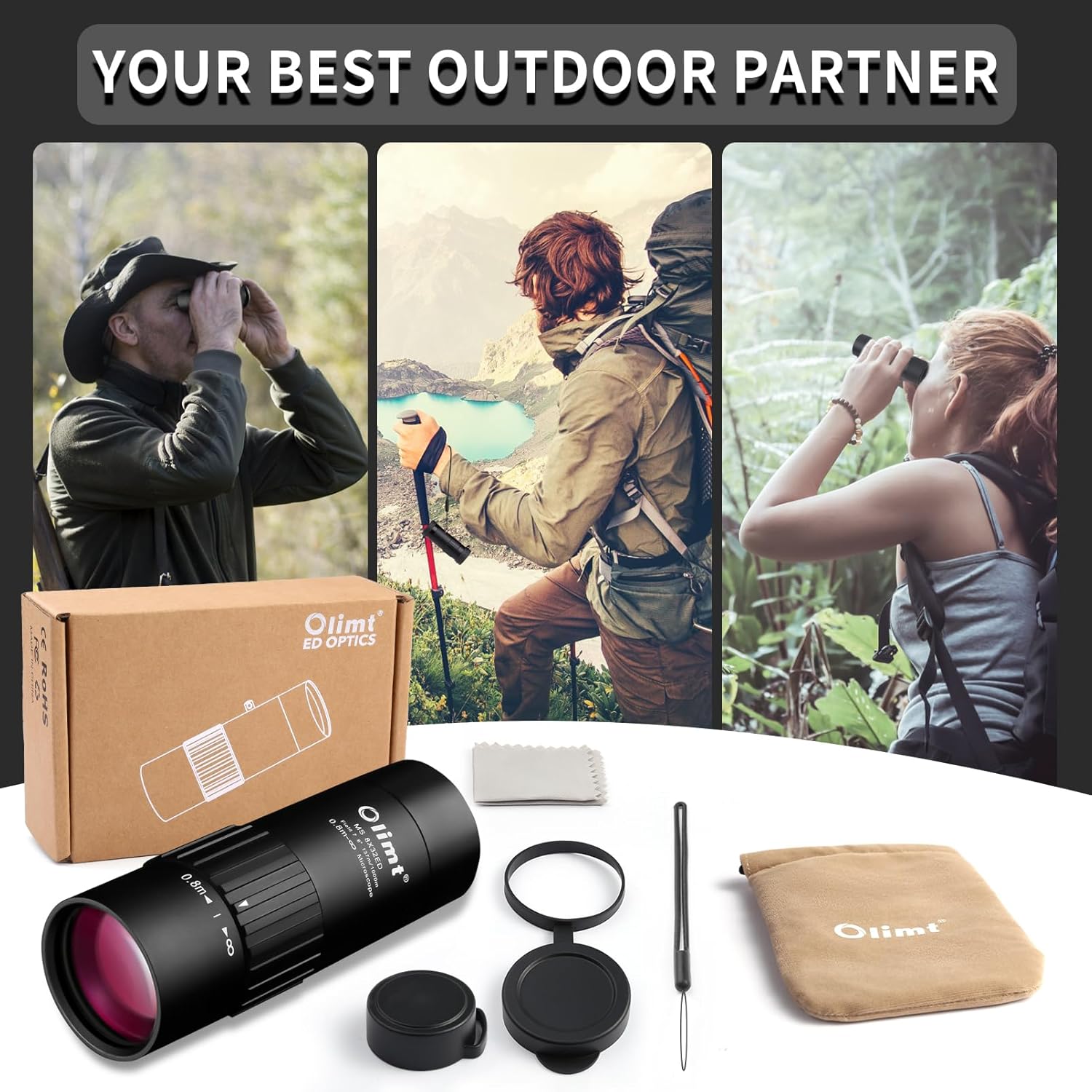 OLIMT 8x32 compact pocket monocular telescope with black body, ideal for outdoor viewing and birdwatching.