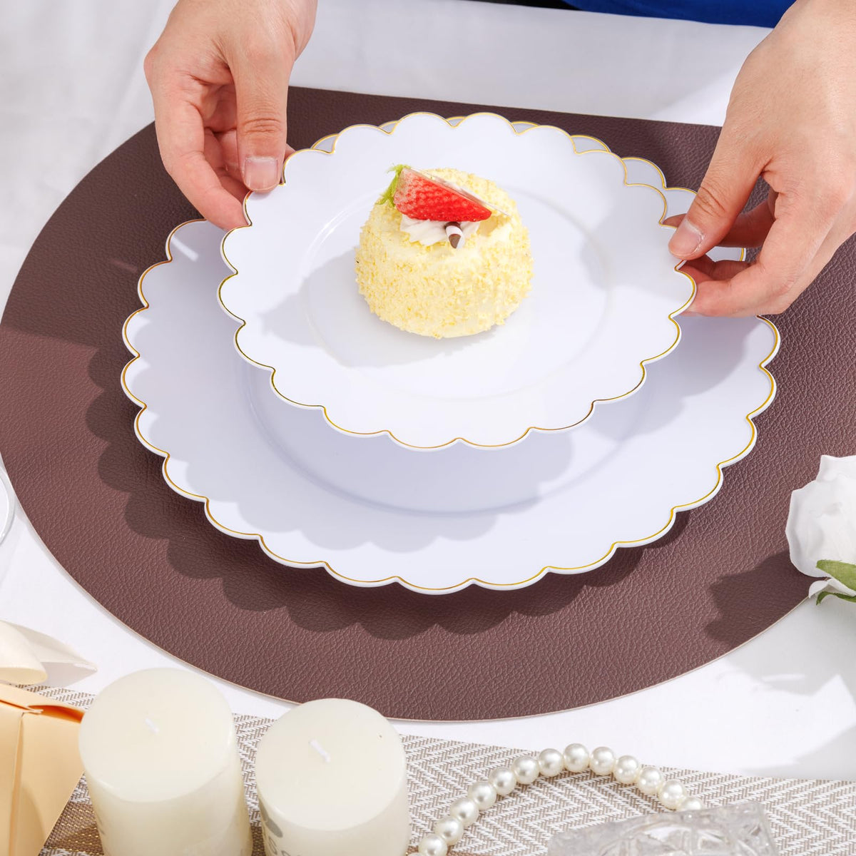LIYH 60 Pcs White Plastic Plates with Gold Rim Scalloped - LIYH Love in your heart Official Imagery - 7