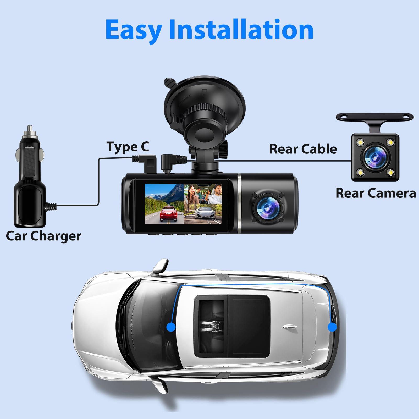 SUVCON 1296P front and rear dash cam with inside camera, night vision, HDR, loop recording, G-sensor, and 32GB card for cars.