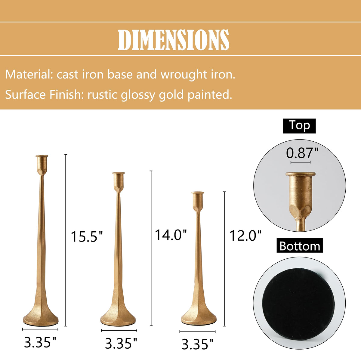 Iron Taper Candle Holder Set of 3 Gold Candlestick Holders - Denique Official Imagery - 3