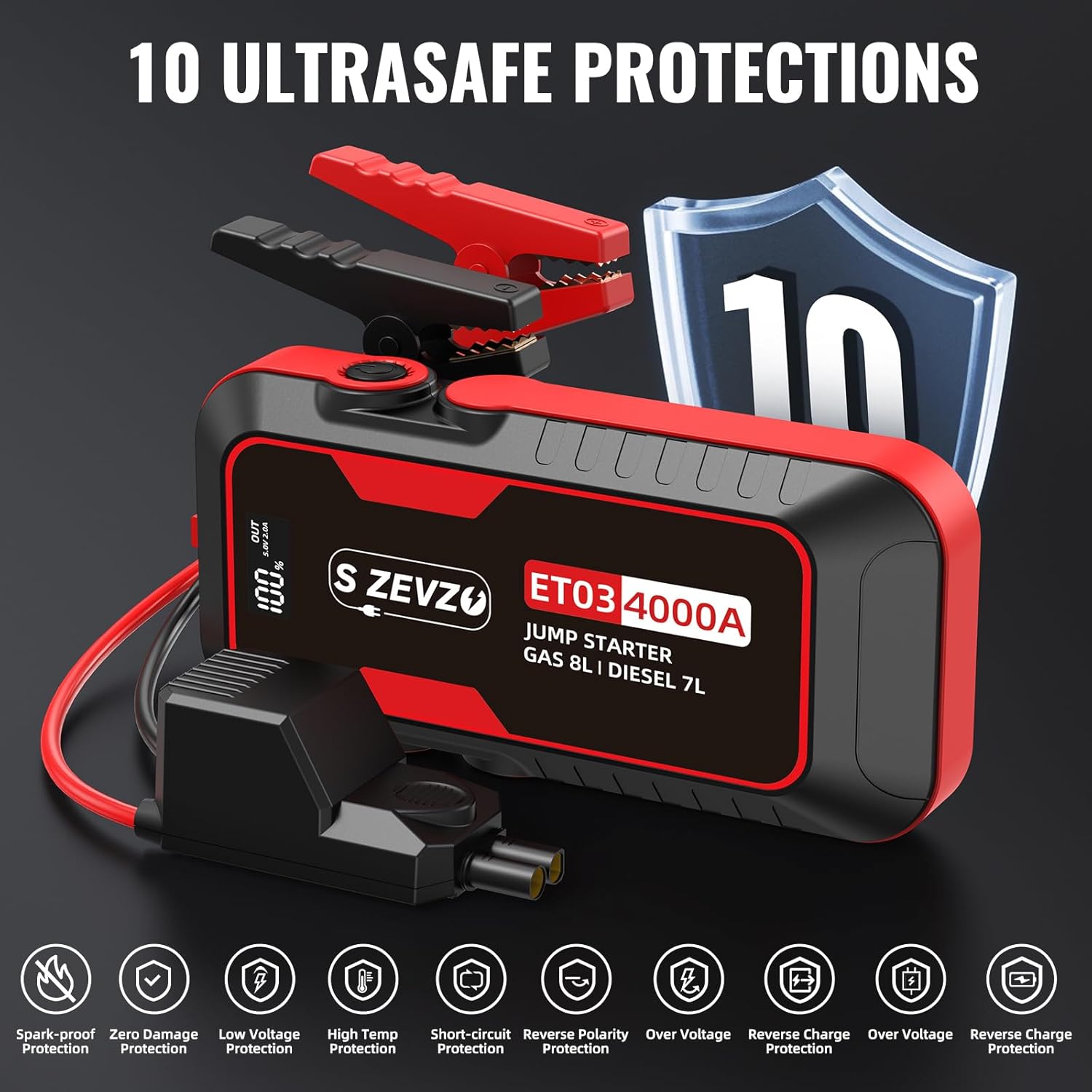 S ZEVZO ET03 4000A car jump starter battery pack with cables, suitable for up to 8.0L engine vehicles, portable and powerful.