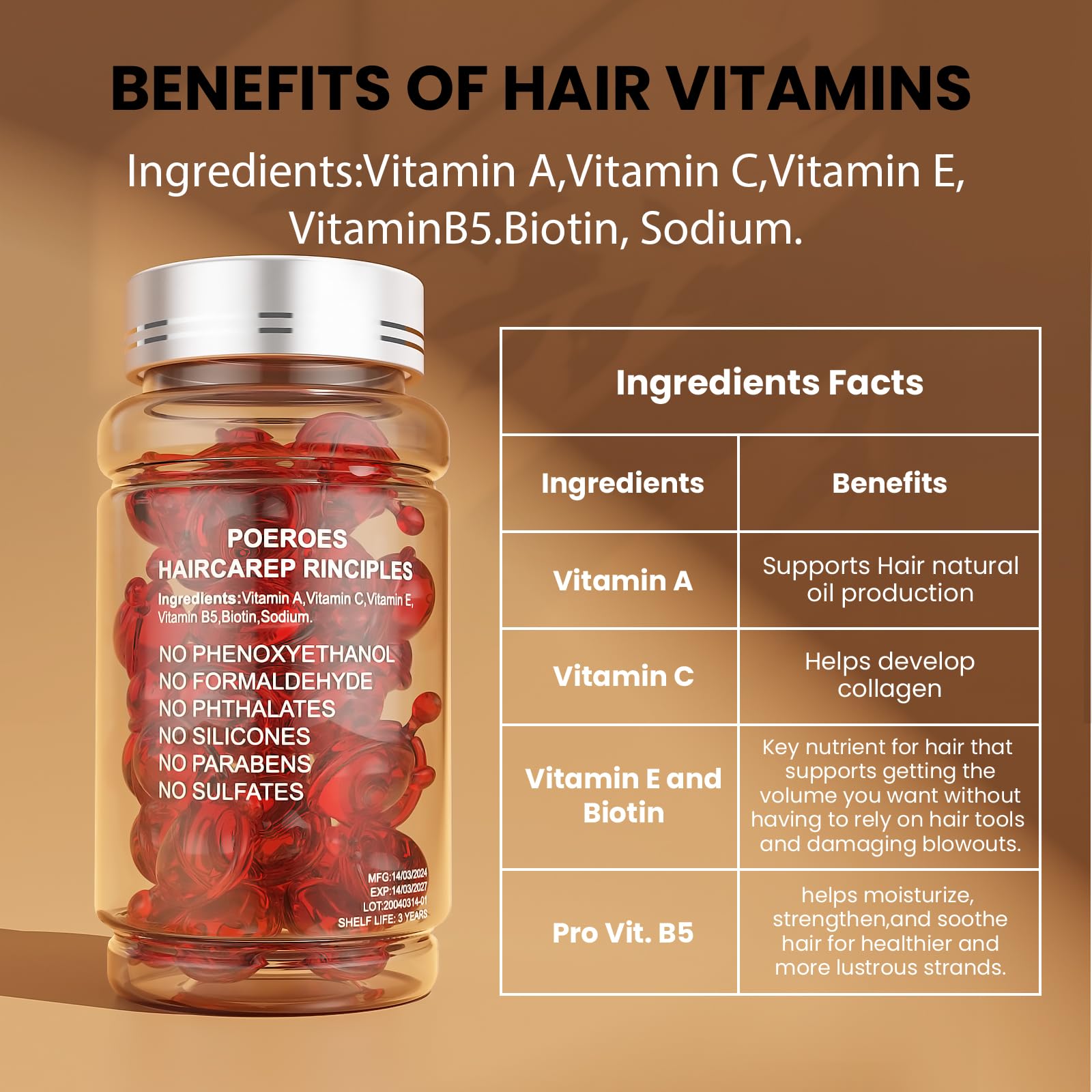 POEROES Hair Oil Hair Vitamins A C E Pro B5 Hair Treatment Serum 50 Capsules - POEROES Official Product View 5