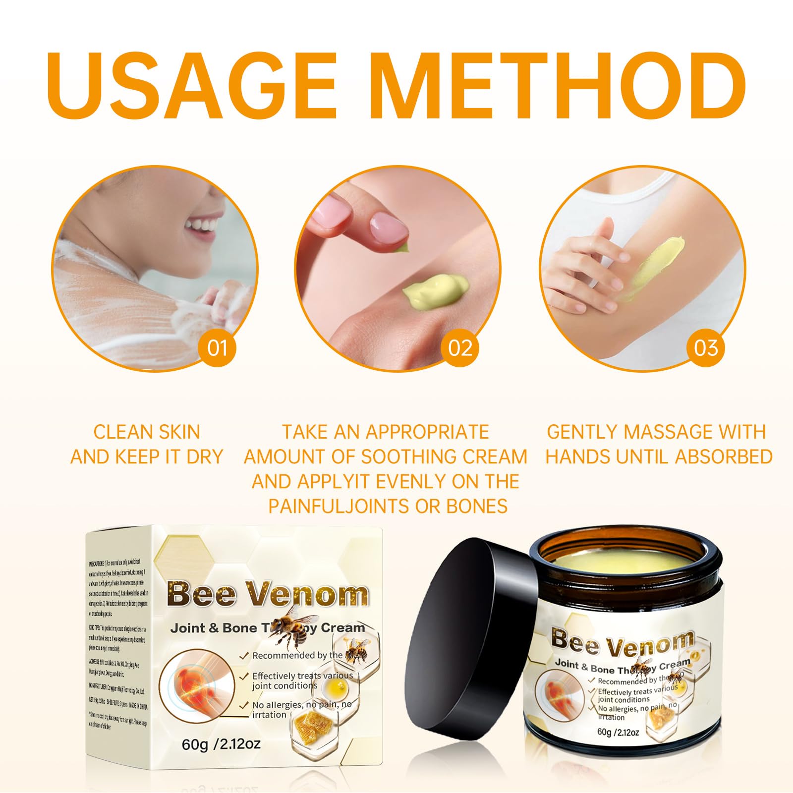 Bee Venom Skin Treatment Cream for Muscles & Joints Soothing Massage, 60g