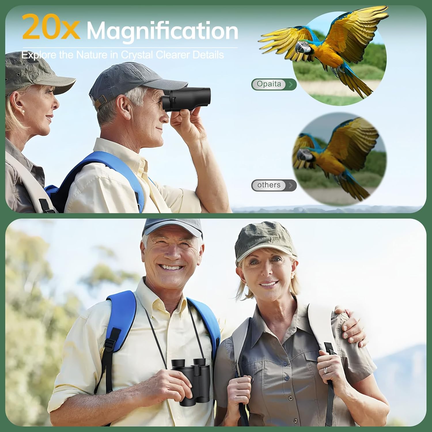 Opaita 20x32 compact binoculars for adults, high-powered optical device with adjustable focusing and lightweight design.