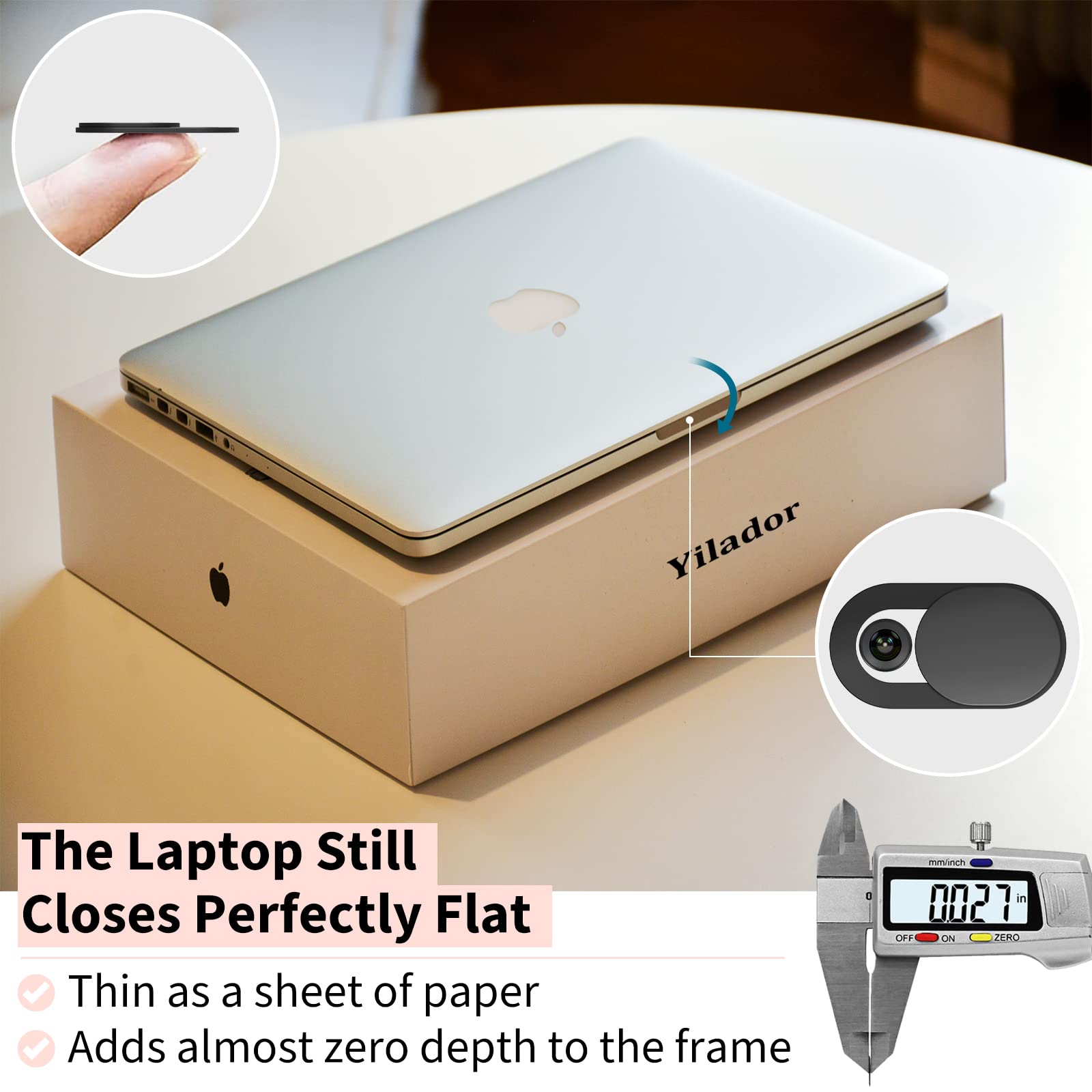 Yilador webcam cover slider in black, ultra-thin 0.03 inch for laptops, iPhone, iPad, MacBook, and PC privacy protection.