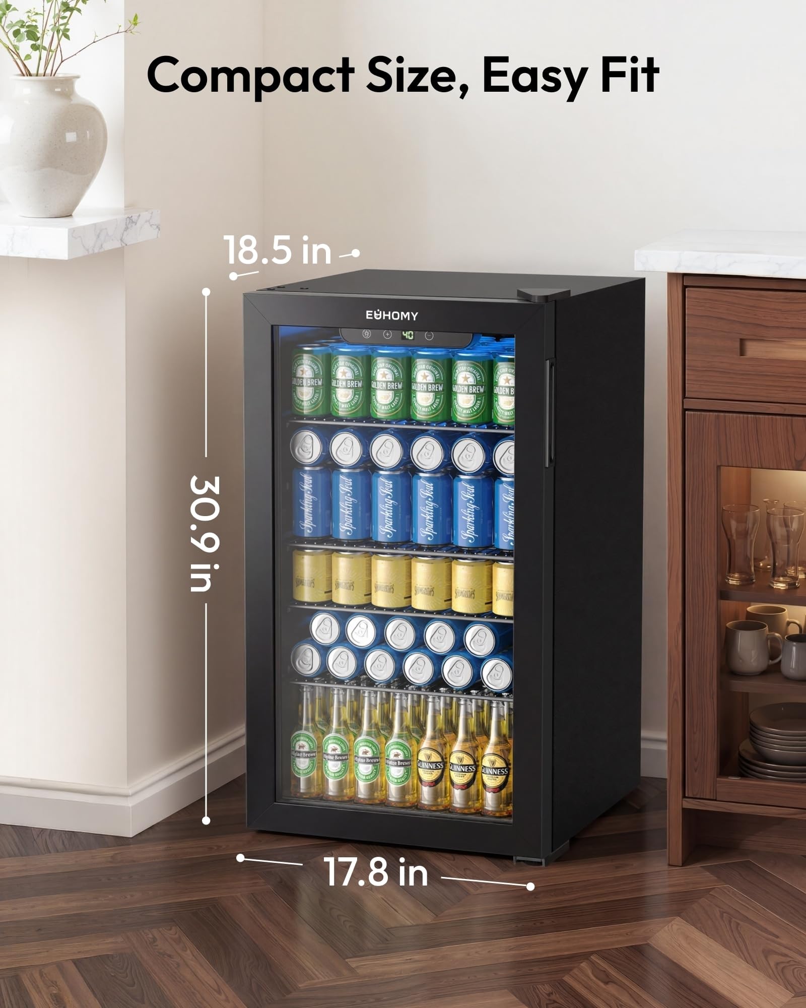 EUHOMY 130 Can Mini Fridge, Beverage Refrigerator with Glass Door, Black - EUHOMY Official Product View 2