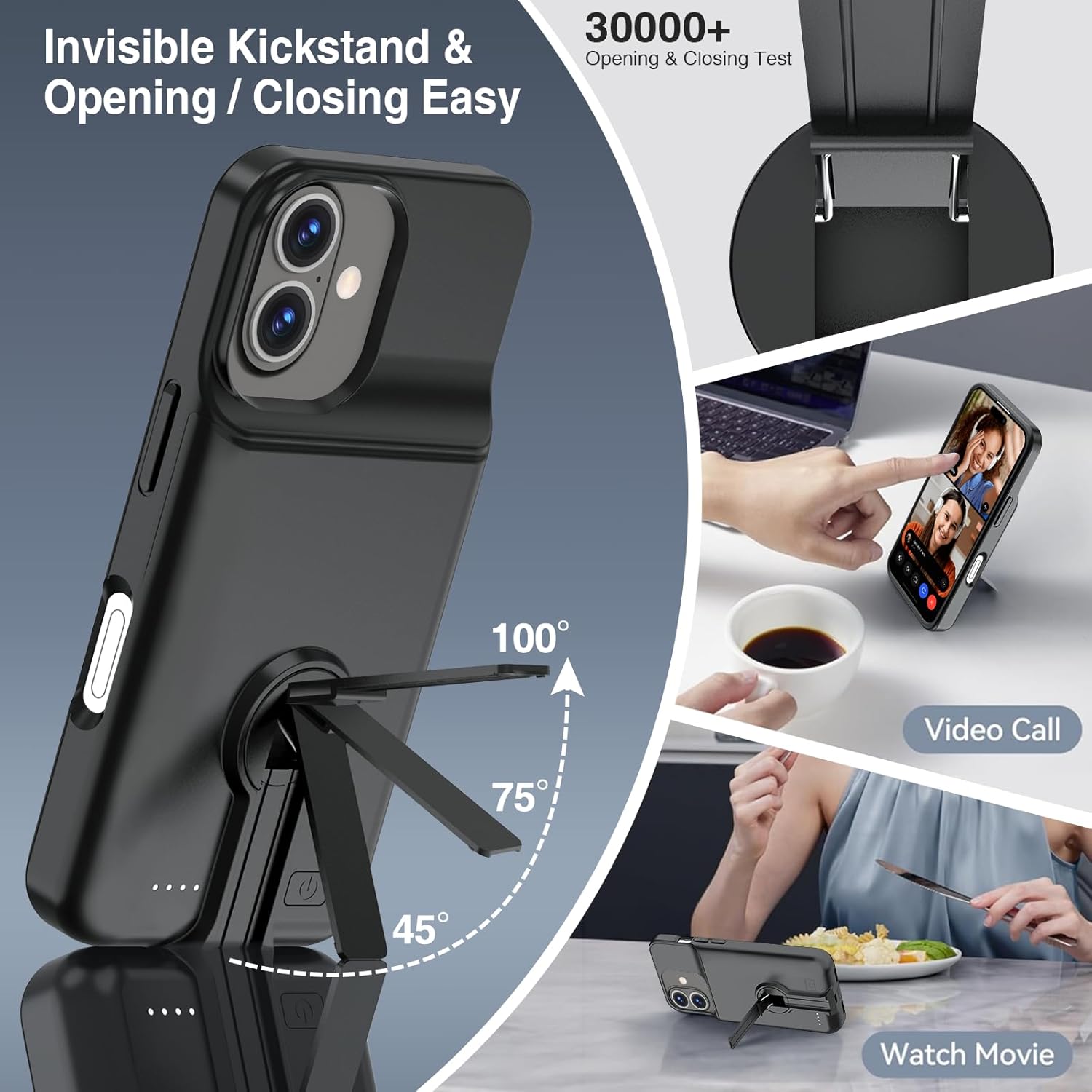 BOPPS iPhone 16 battery case with stand support and Carplay compatibility, showing the case fitted on an iPhone 16.