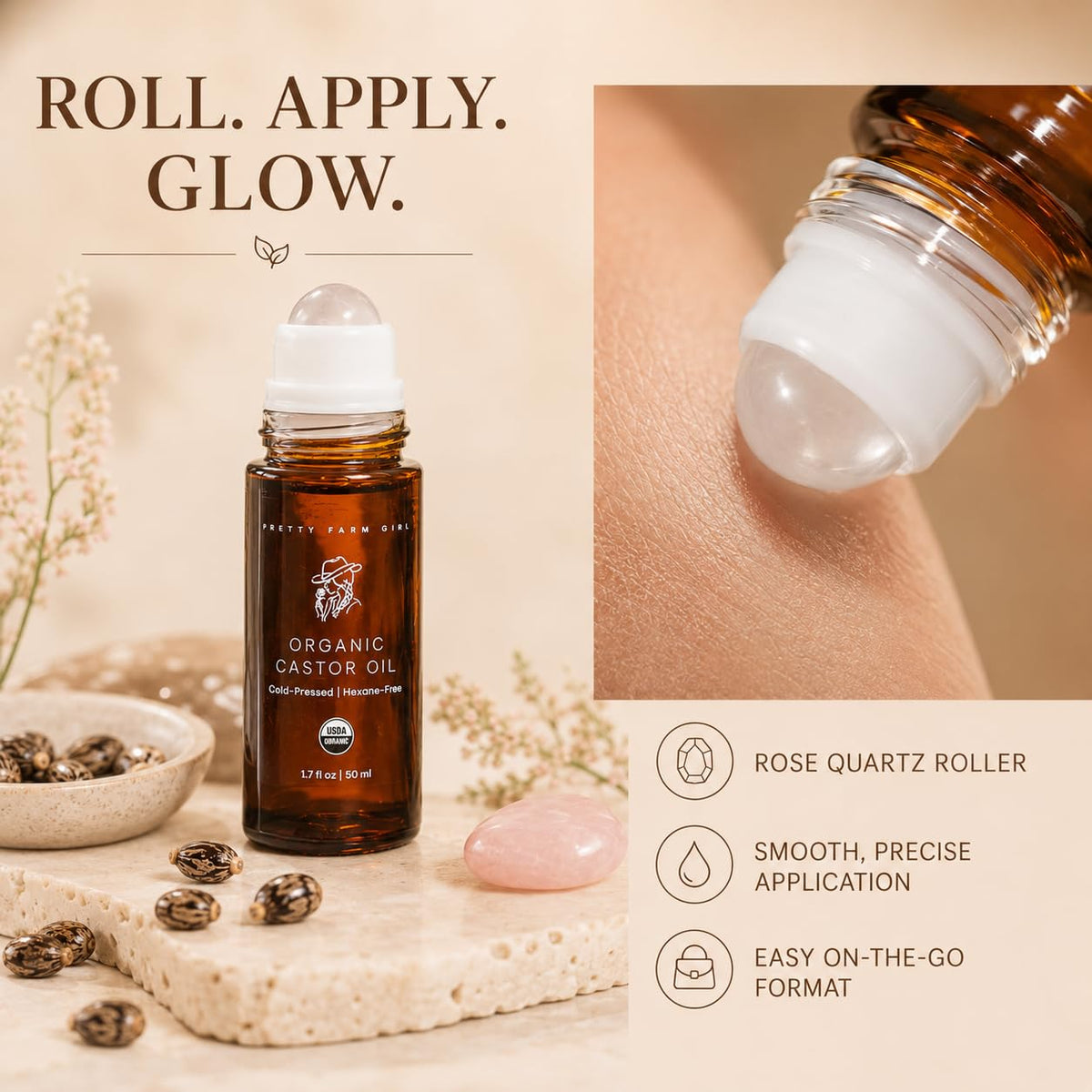 Organic Castor Oil Roller with Rose Quartz Roller Ball - Pretty farm girl Official Imagery - 6