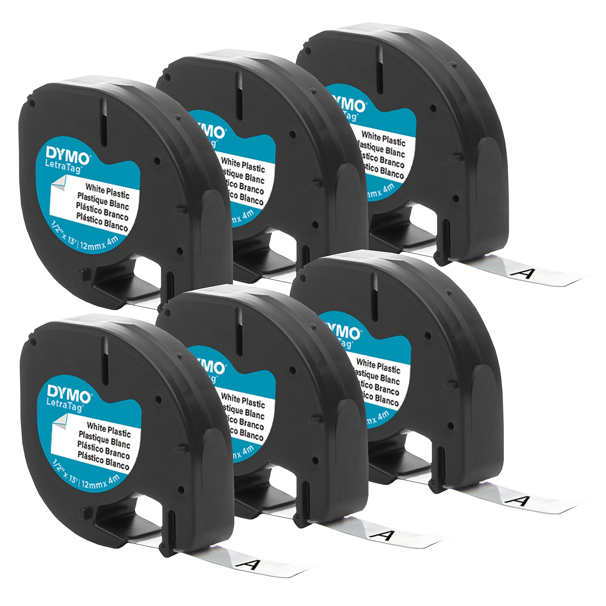 DYMO LetraTag labeling tape, 1/2 inch black print on white plastic tape, 6-pack for handheld label maker.