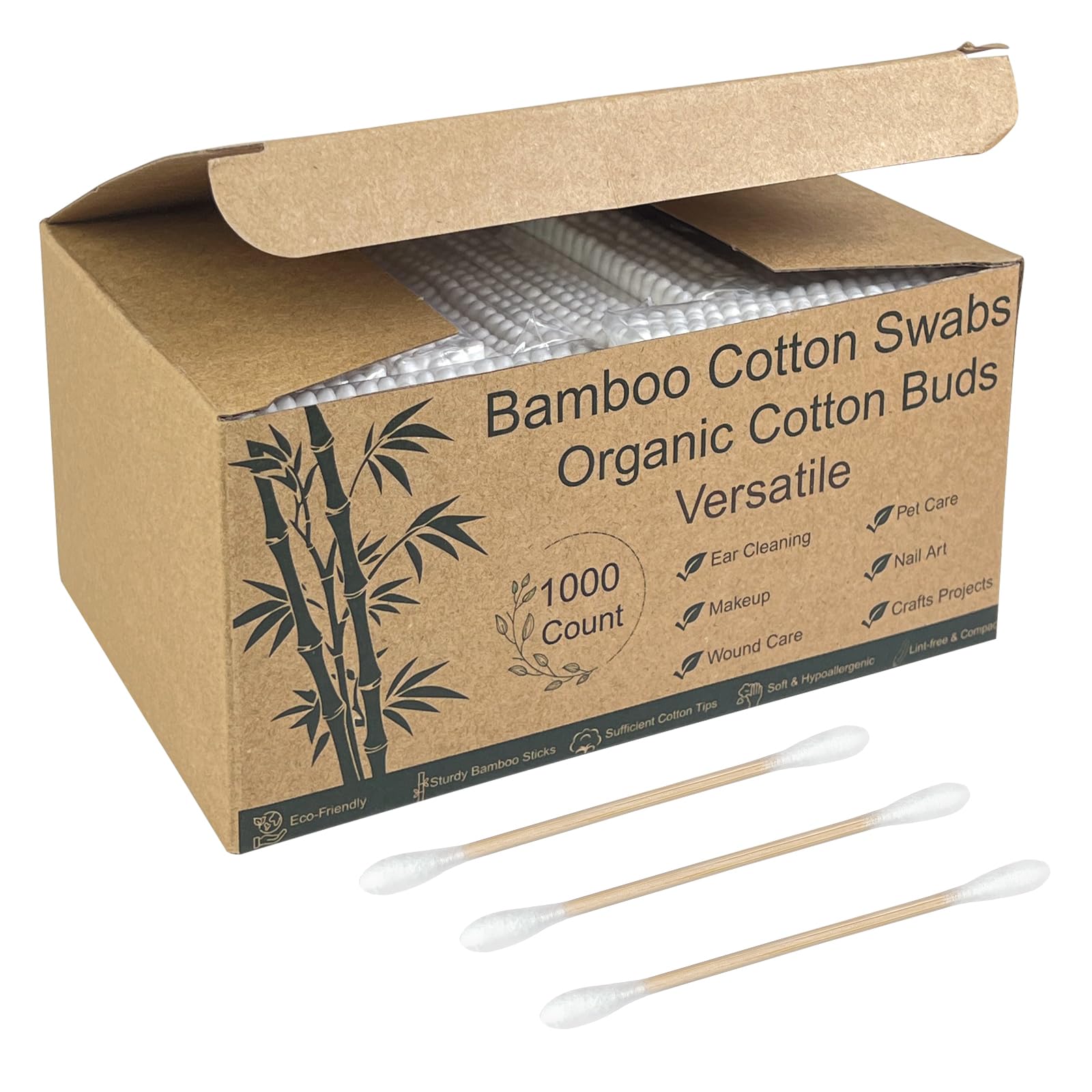 1000 Count Bamboo Cotton Swabs Soft Rounded Tips 10 Pack - Garrelett Official Product Imagery - 2