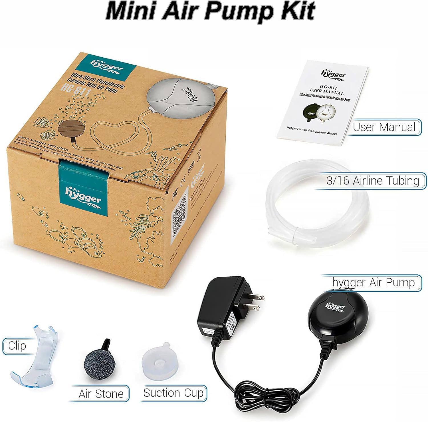 hygger quiet mini aquarium air pump in black with air stone and tubing, ideal for 1-15 gallon fish tanks, 1.5 watt oxygen pump
