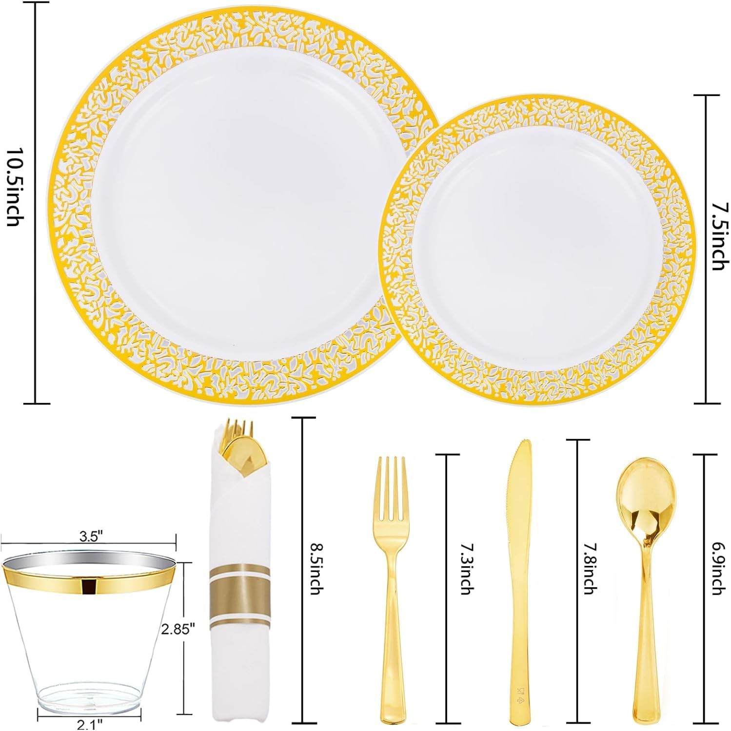 WELLIFE 175-piece gold dinnerware set with 25 dinner plates and 25 dessert plates, elegant and durable ceramic tableware.
