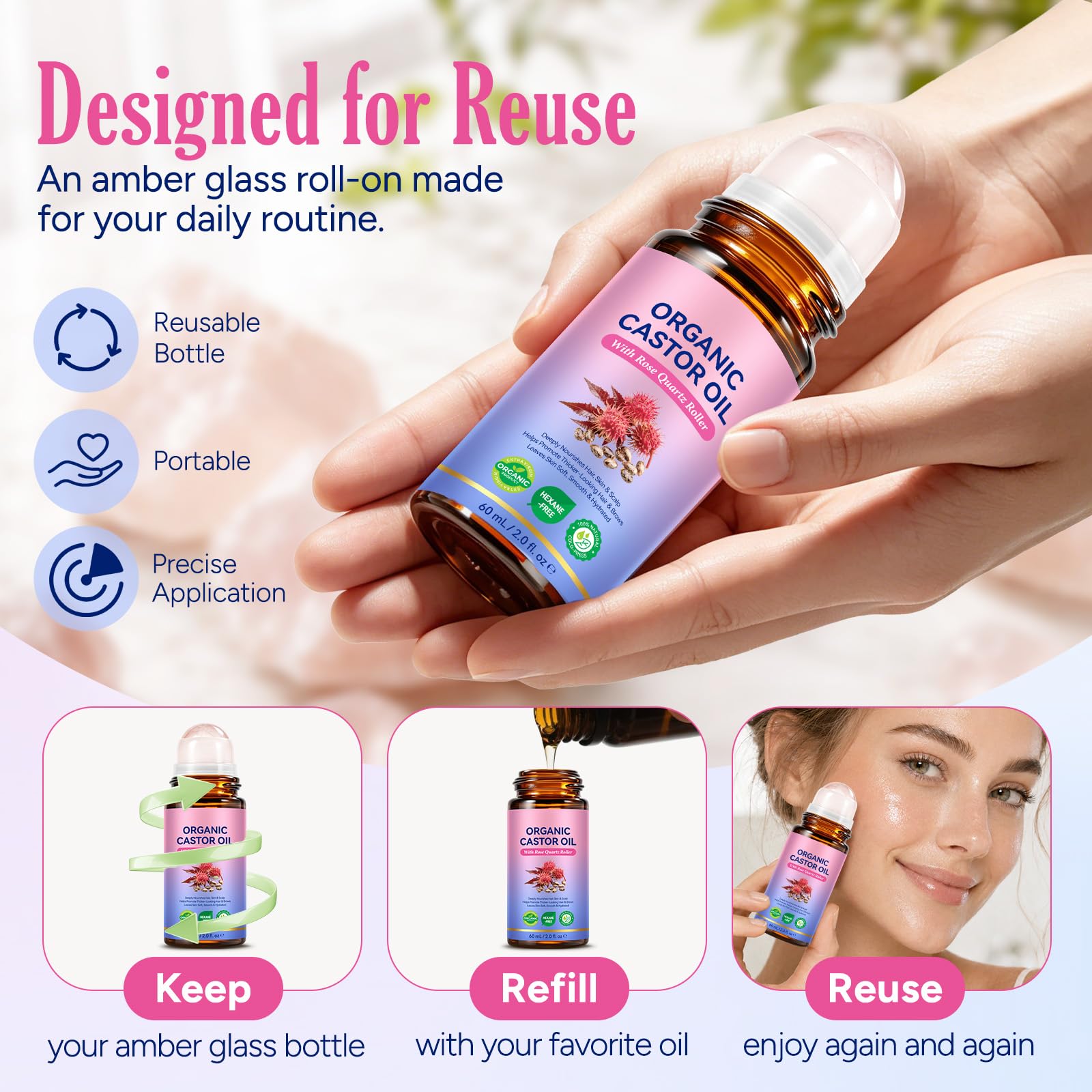 2PCS Castor Oil Rose Quartz Roller Ball Organic Castor Oil - FANSHI Official Imagery - 8