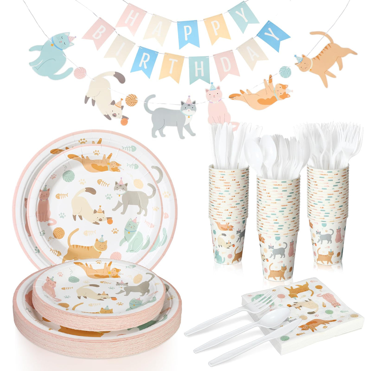 Qinyoung 176 Pcs Cat Birthday Party Supplies Disposable - Qinyoung Official Imagery - 1